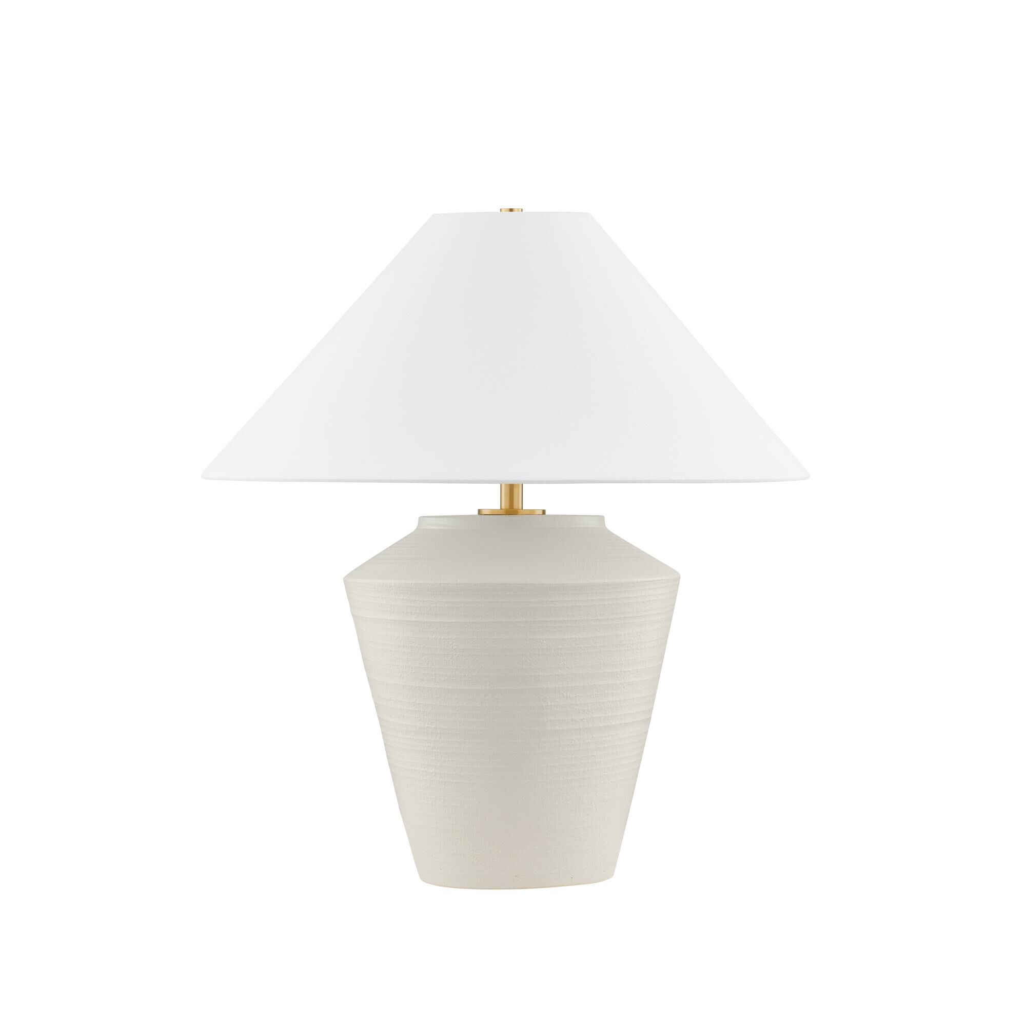 Shown in Aged Brass and Ceramic Whitewash Terracotta finish and White Linen shade