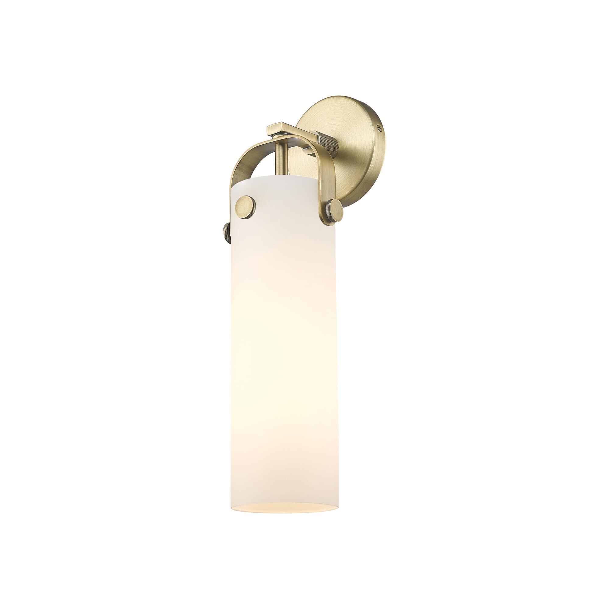 Shown in Brushed Brass finish and Matte White glass