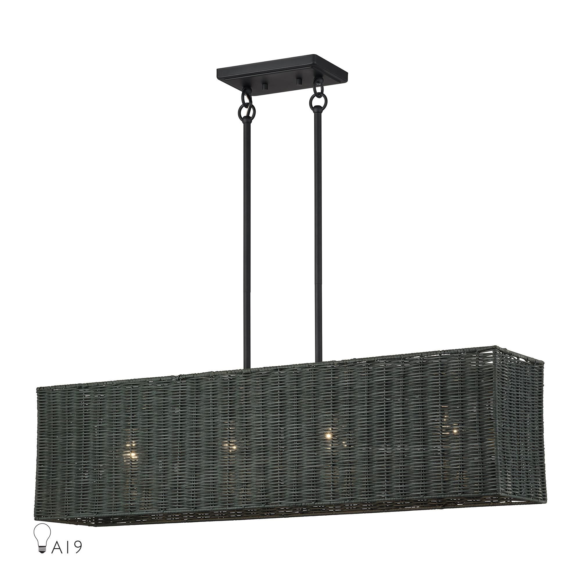 Shown in Black finish and Hand-Woven Charred Gray Color Rattan shade