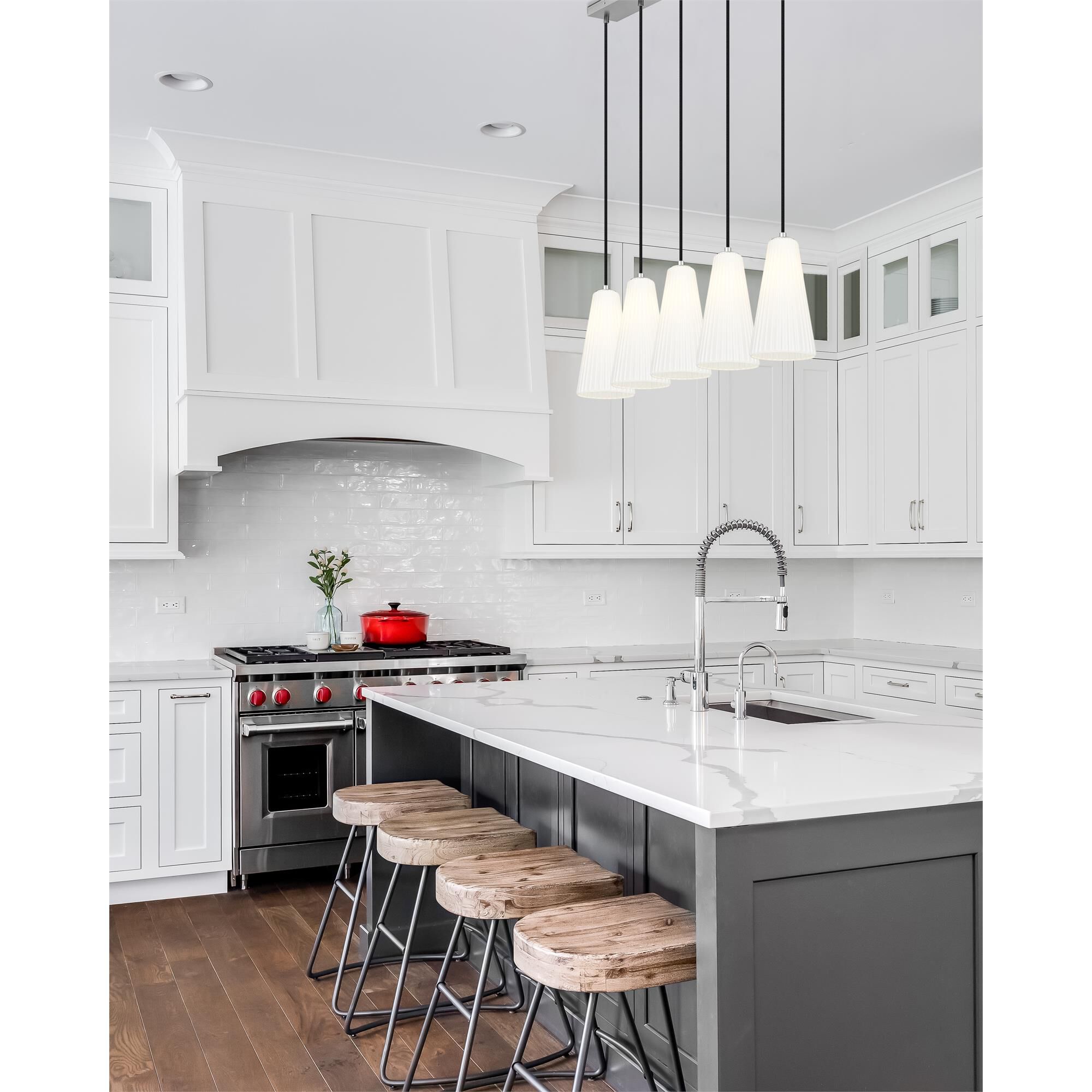 Shown in Brushed Nickel finish and White glass and White shade