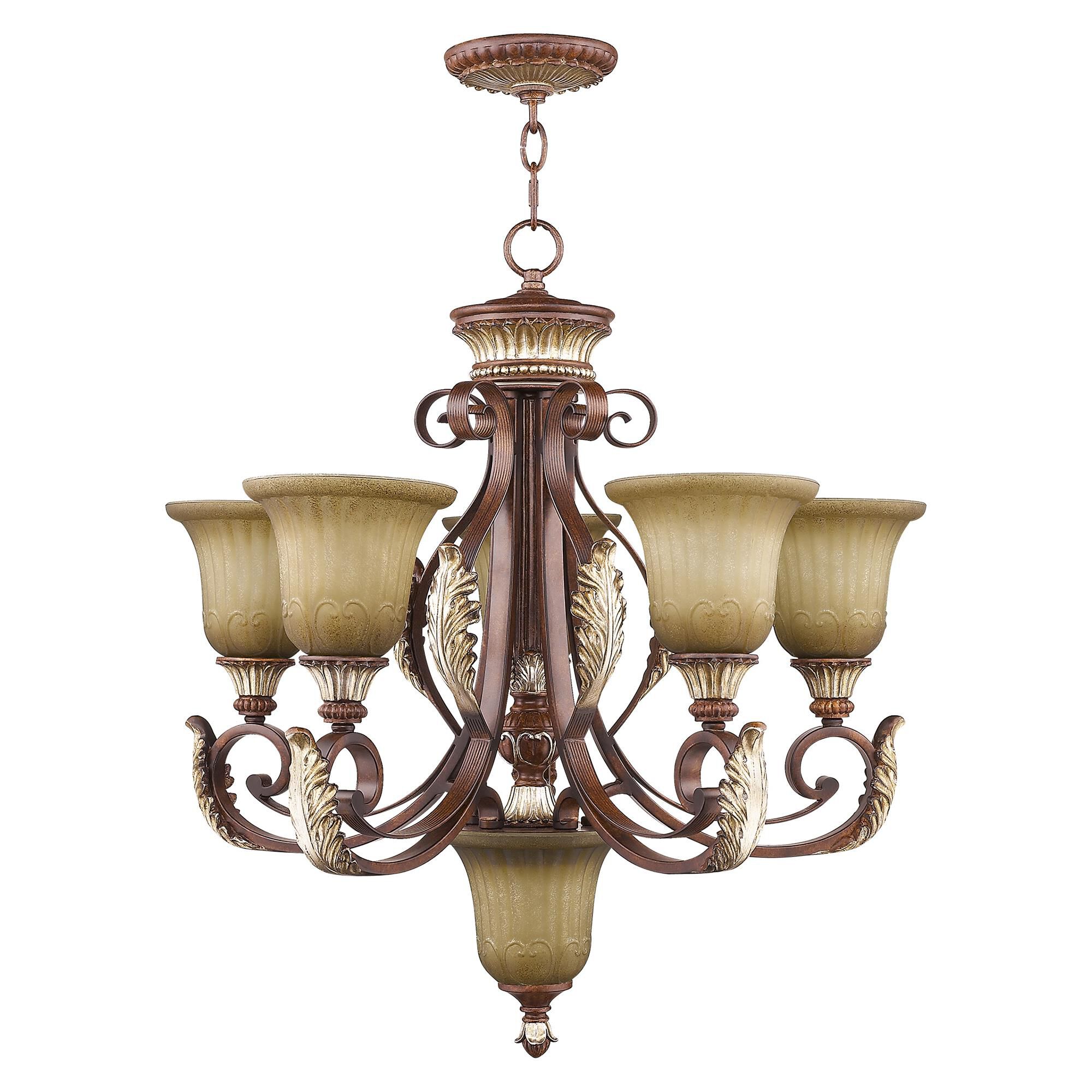 Shown in Verona Bronze-Aged Gold Leaf Accents finish and Rustic Art glass