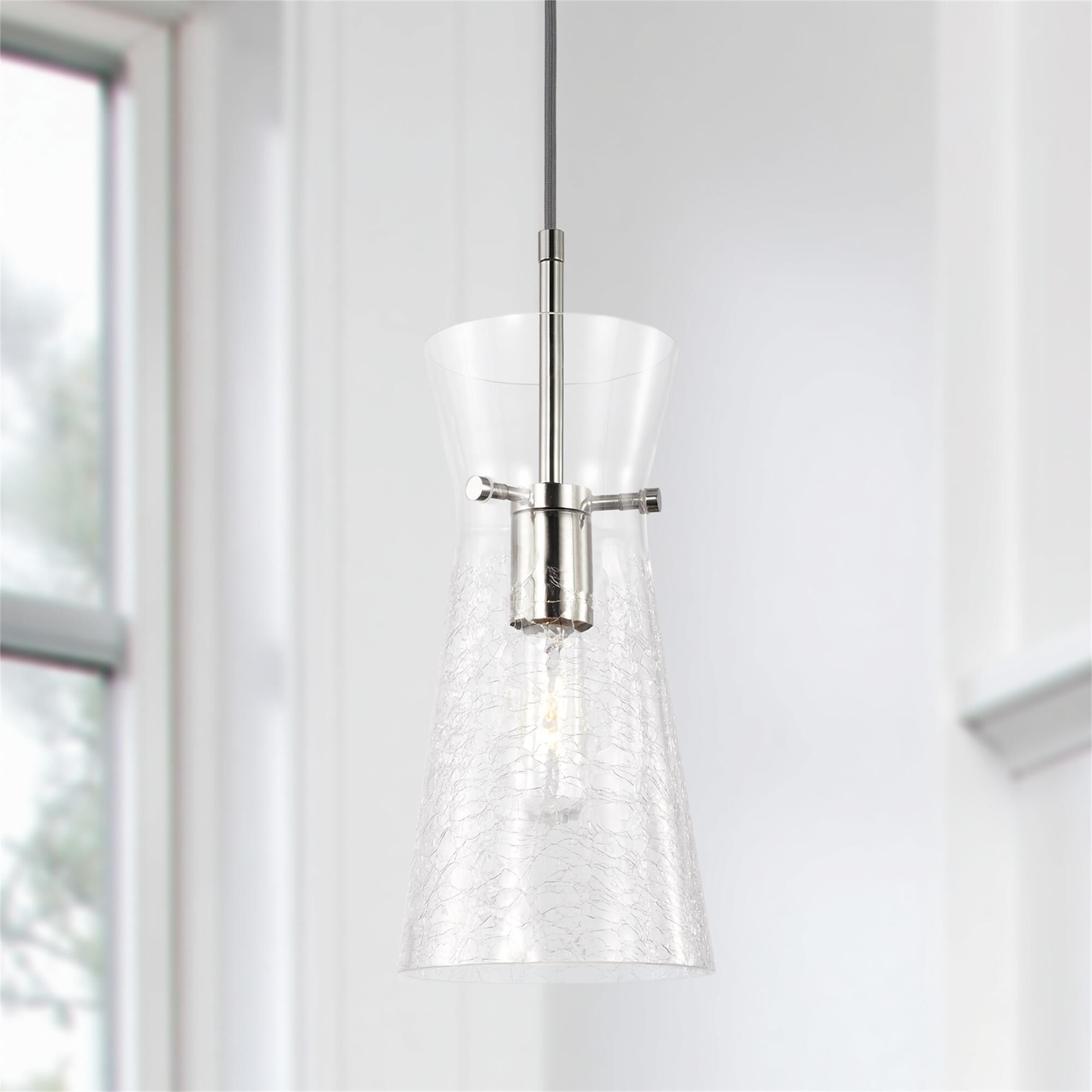 Shown in Polished Nickel finish and Clear Half-Crackle glass
