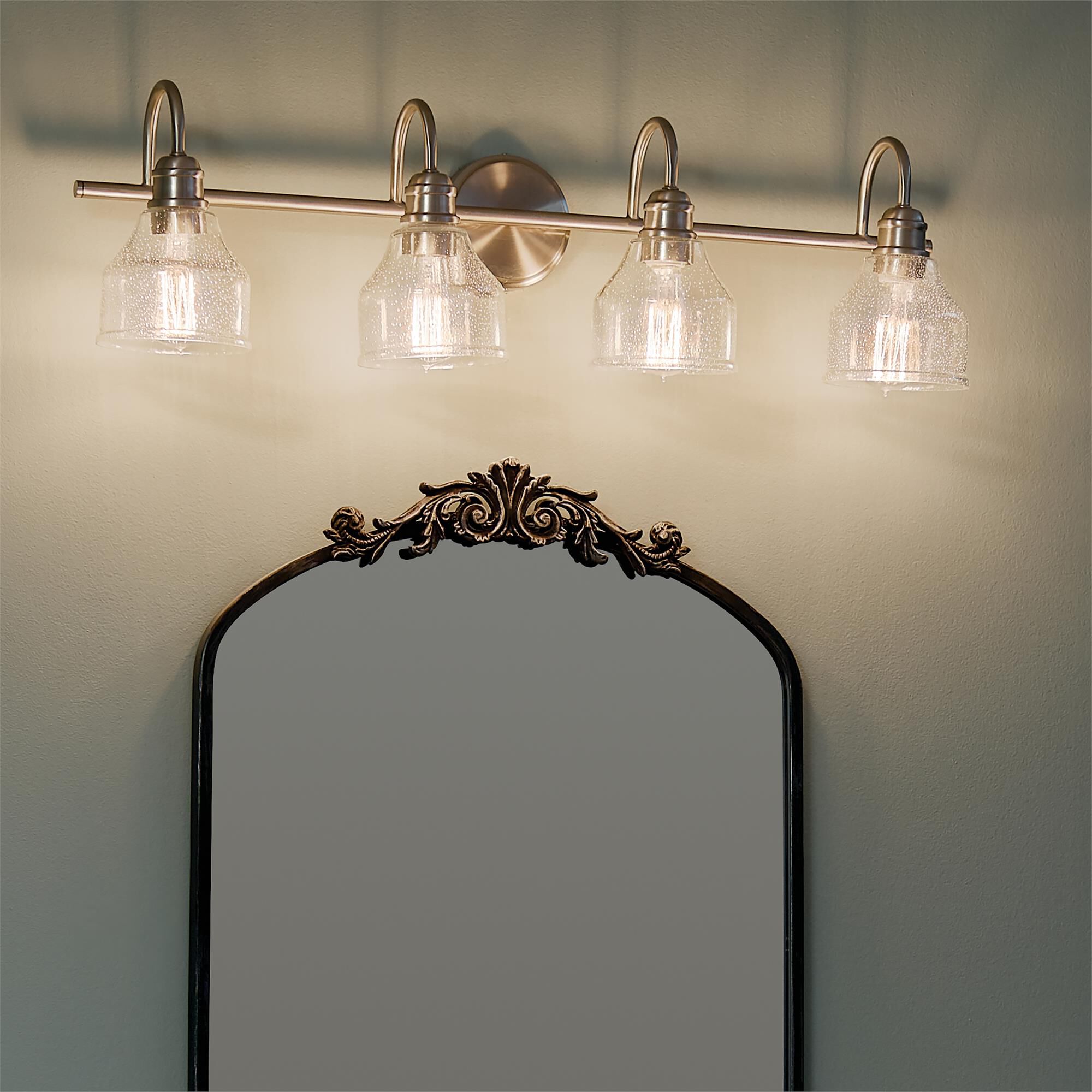Shown in Brushed Nickel finish and Clear Seeded glass