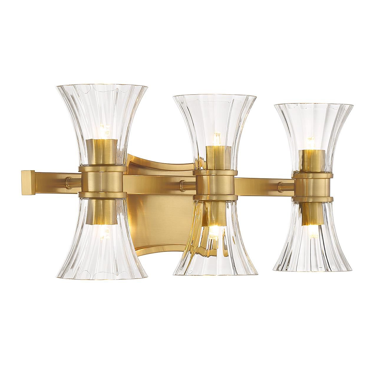 Shown in Warm Brass finish and Clear Ribbed glass