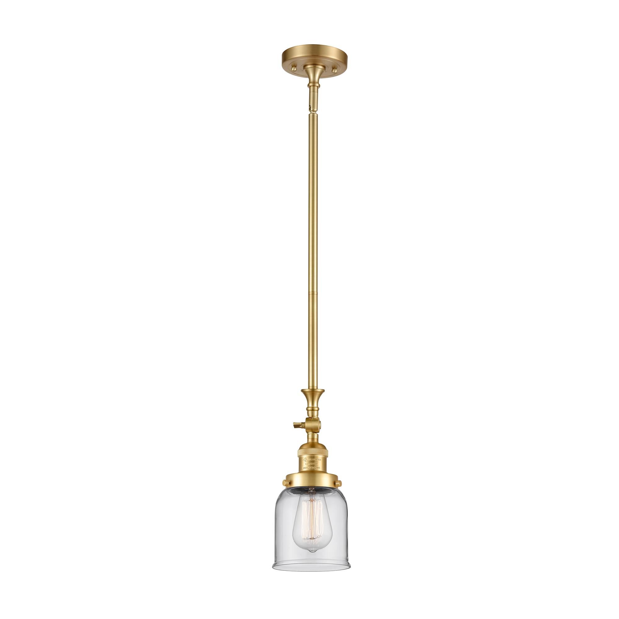 Shown in Satin Gold finish and Clear Small Bell glass