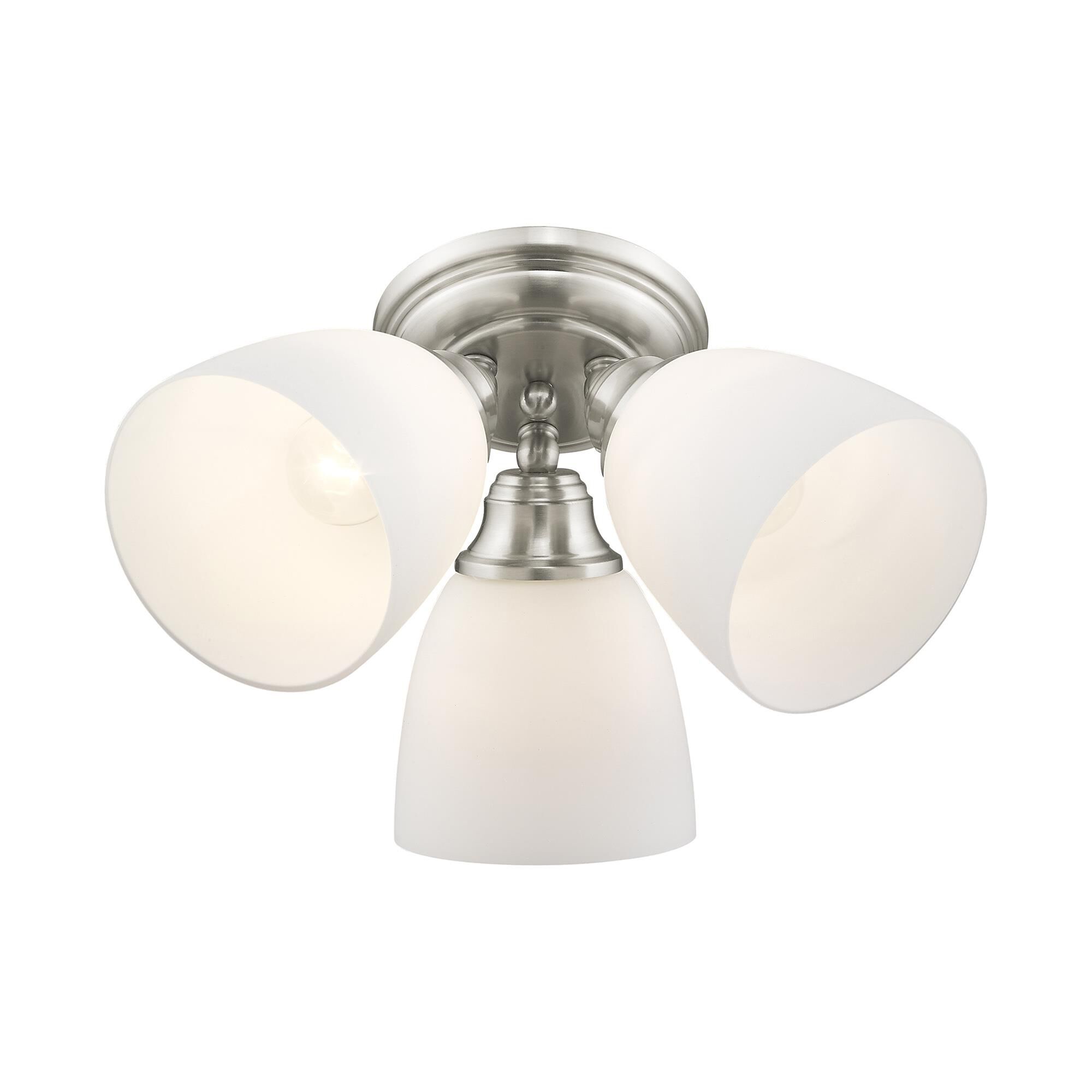 Shown in Brushed Nickel finish and Hand Blown Satin Opal White glass