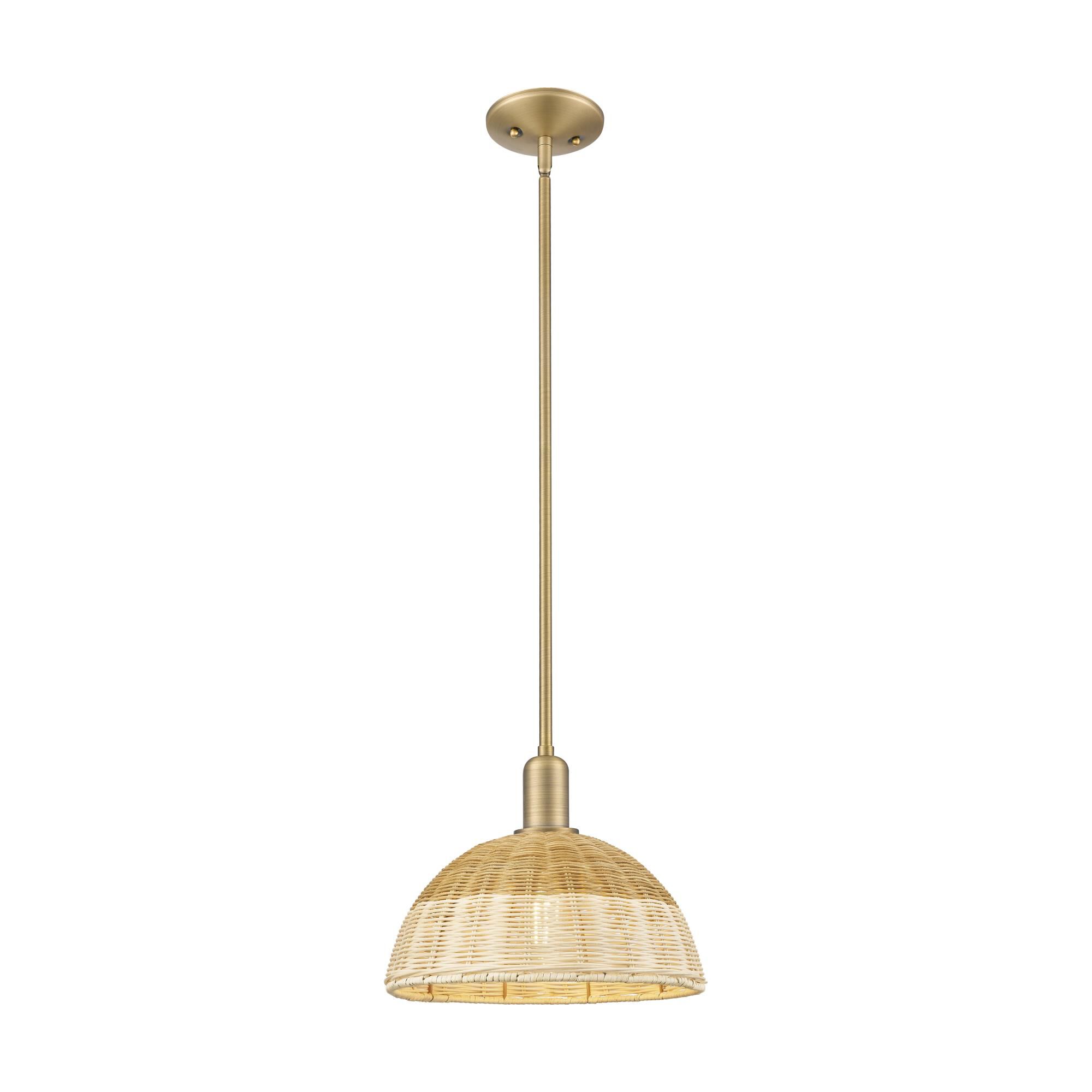 Shown in Brushed Brass finish and Natural Fiber shade
