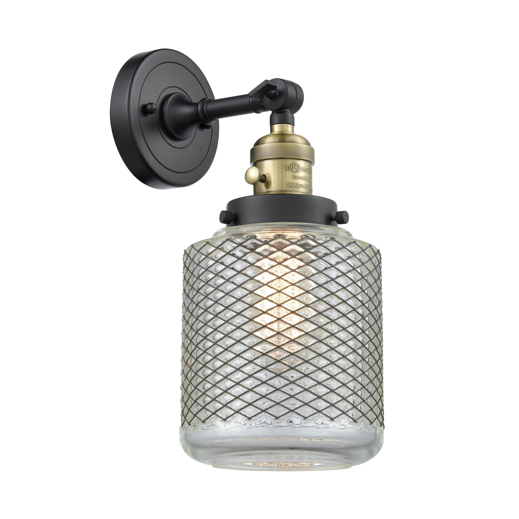 Shown in Black Antique Brass finish and Clear Wire Mesh glass and Switch on Socket accent