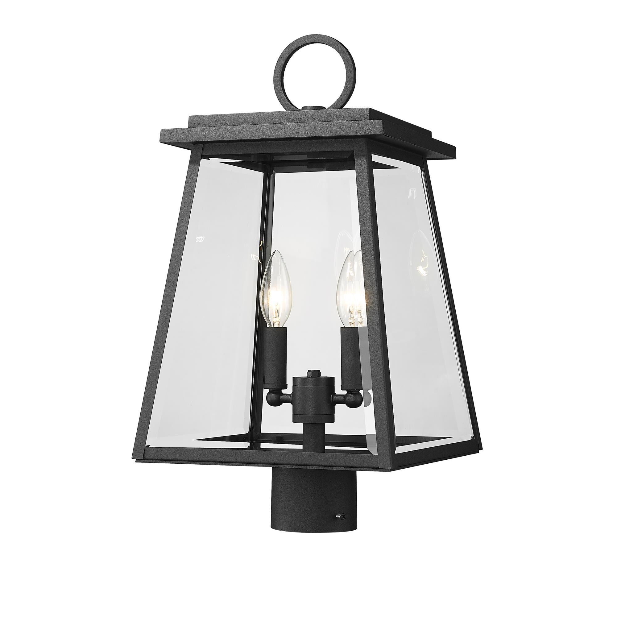 Shown in Black finish and Clear Beveled glass
