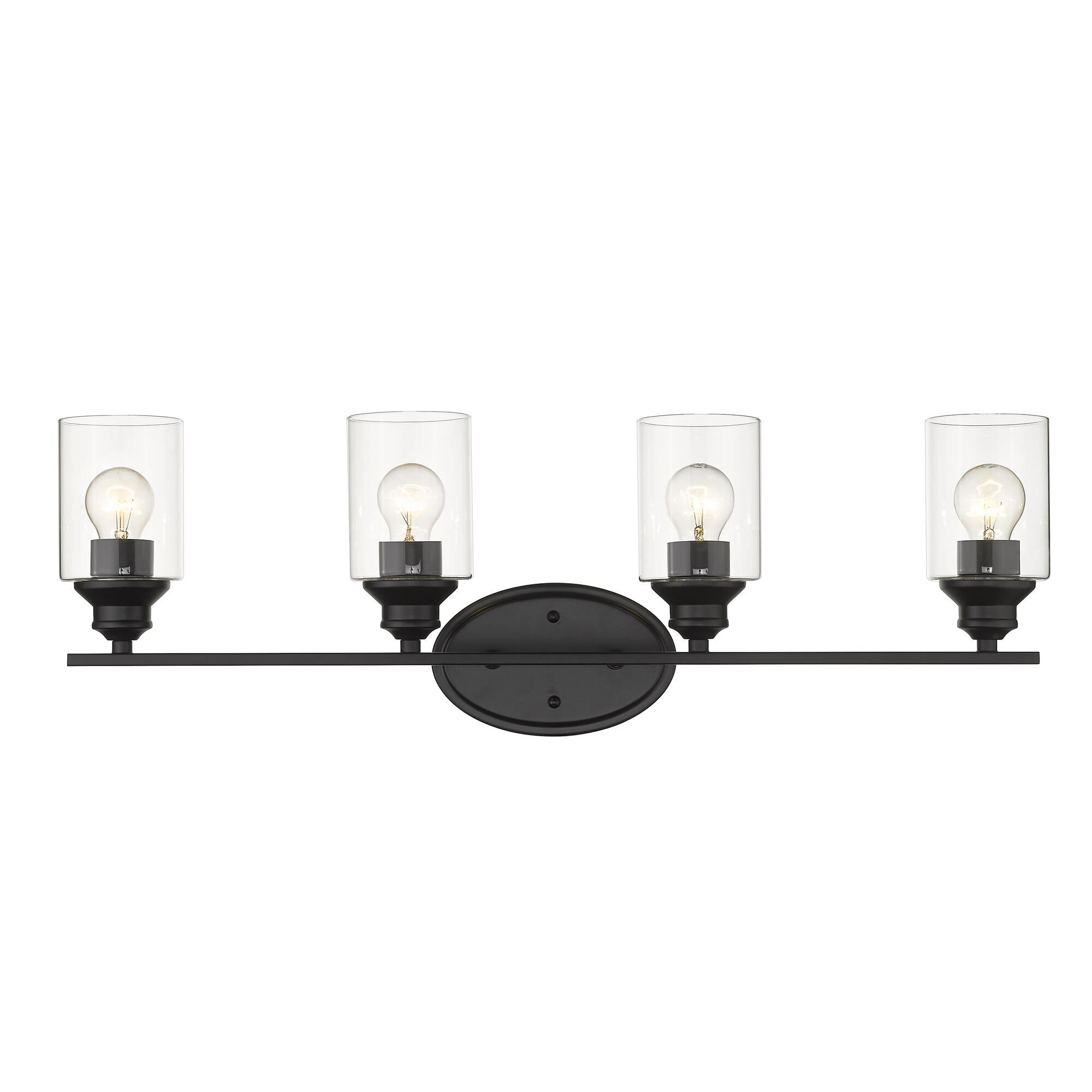 Shown in Matte Black finish and Clear glass and Clear, Cylindrical Glass s shade
