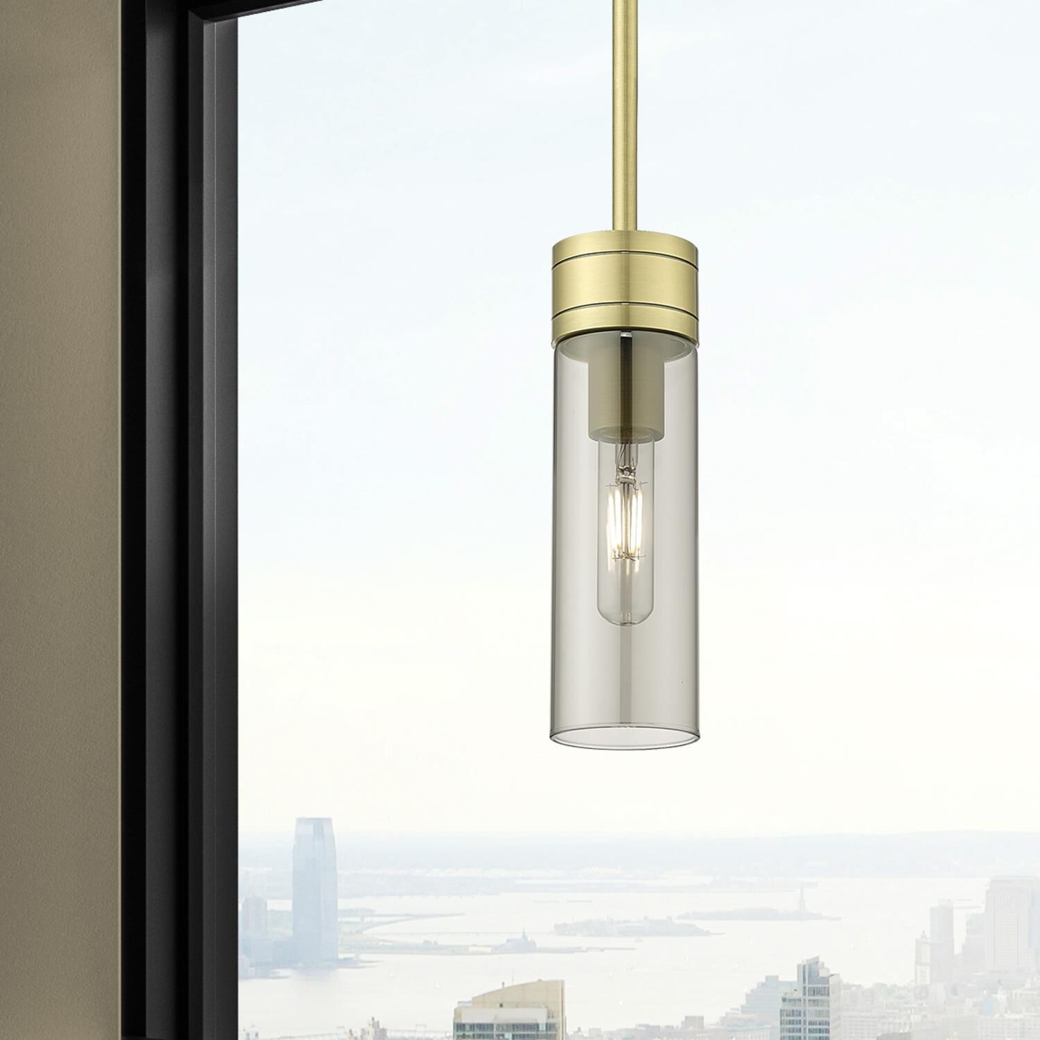 Shown in Antique Brass finish and Light Smoke glass