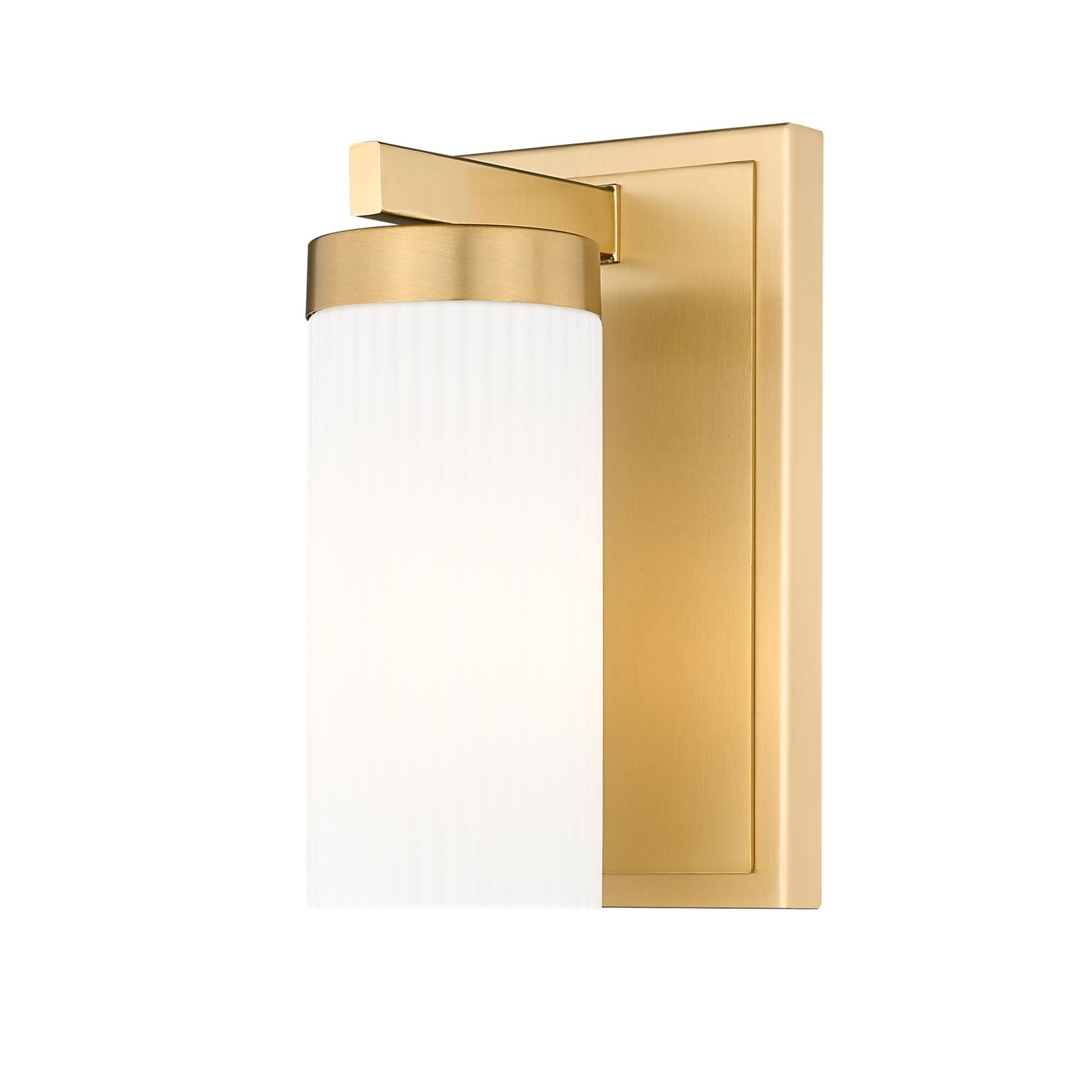 Shown in Modern Gold finish and White glass and White shade
