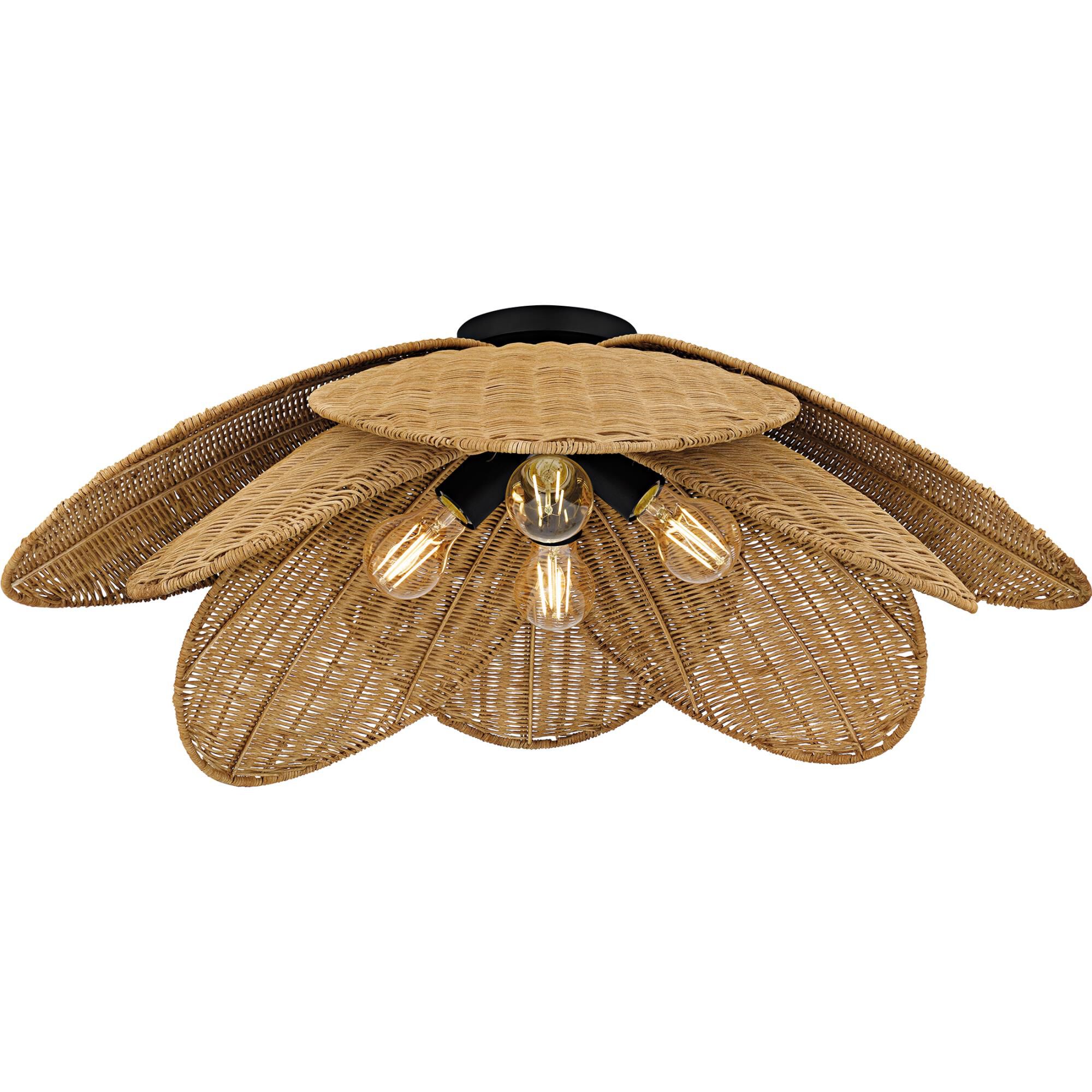 Shown in Matte Black finish and Rattan shade