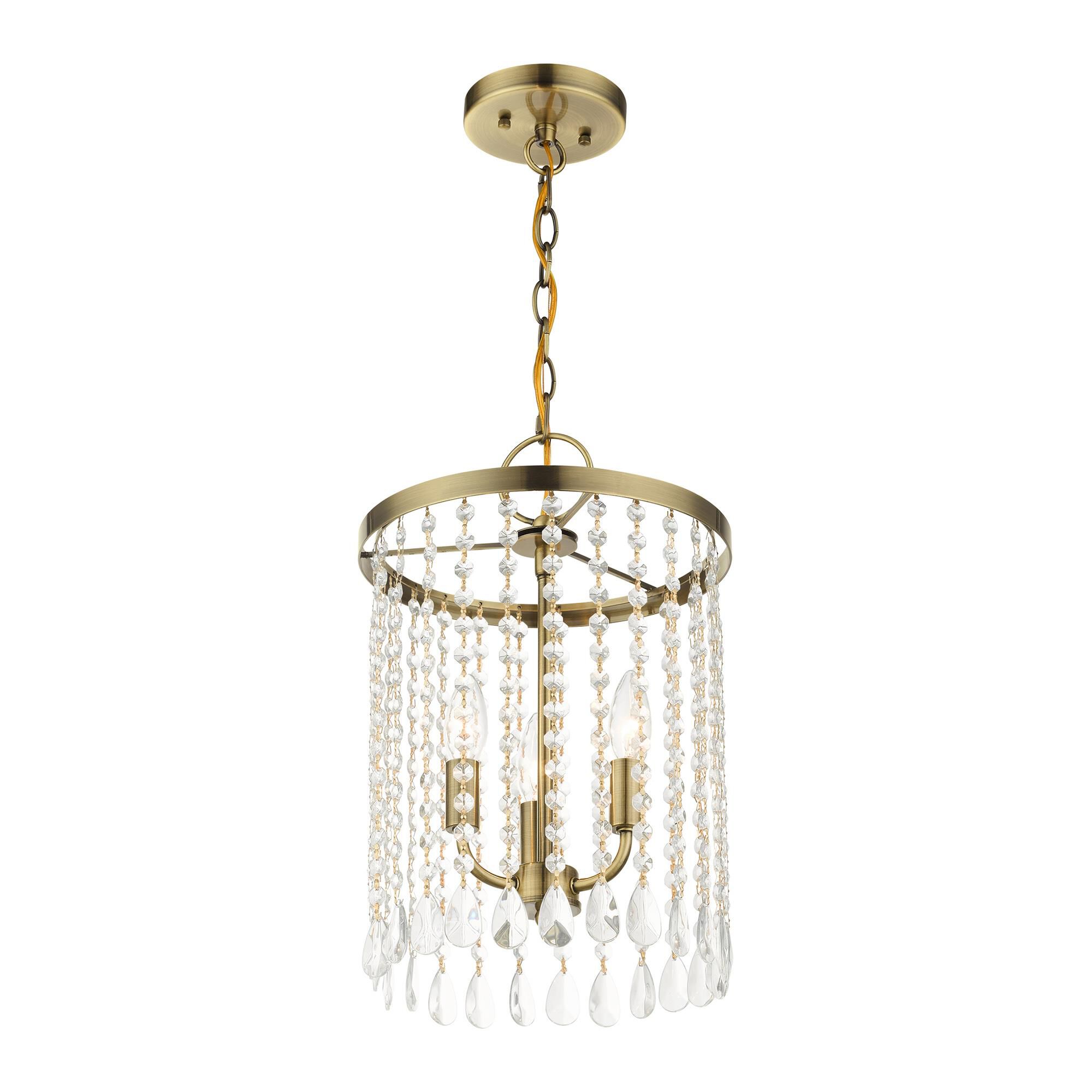 Shown in Antique Brass finish and Hand Assembled Crystal Shade glass