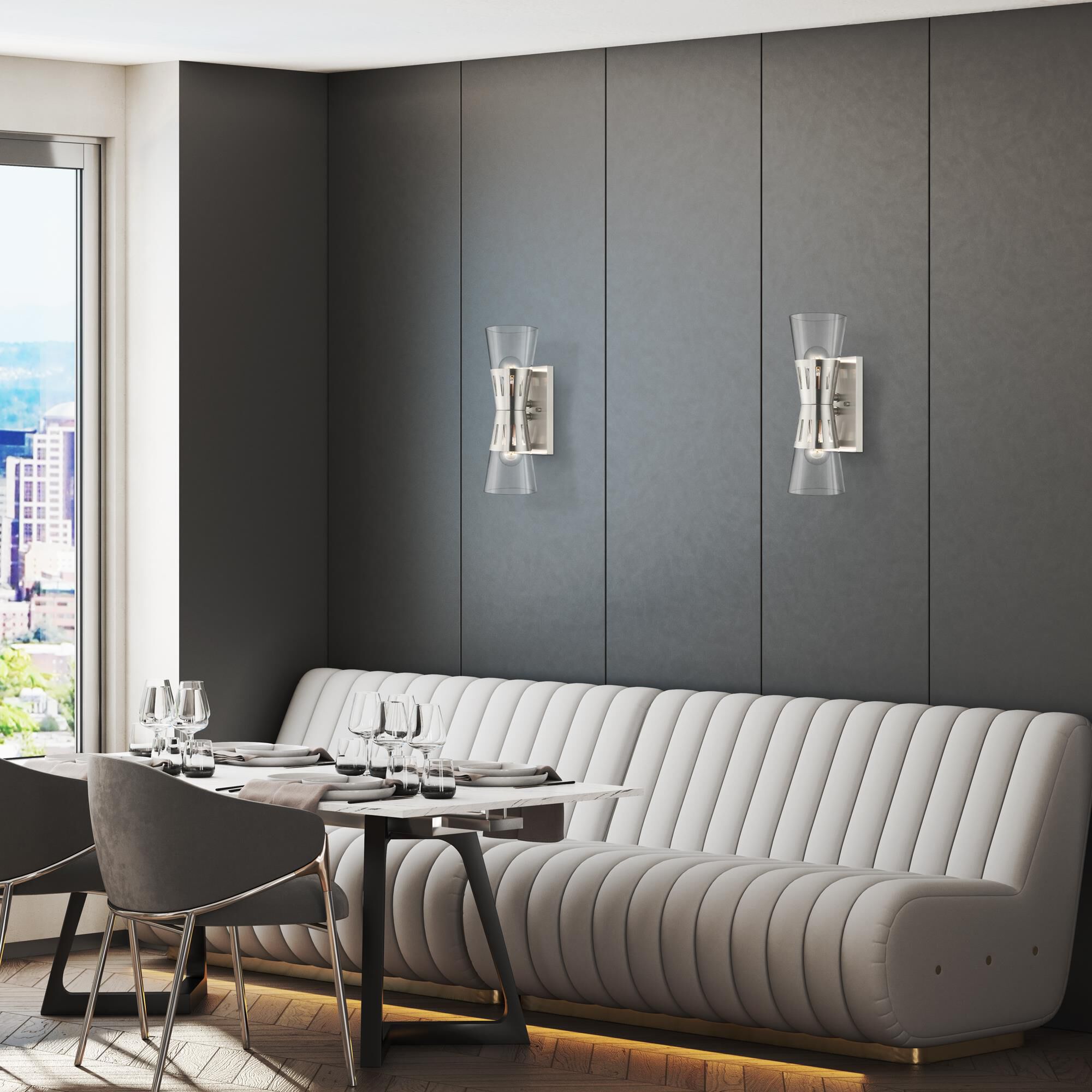 Shown in Brushed Nickel finish and Hand Blown Clear glass