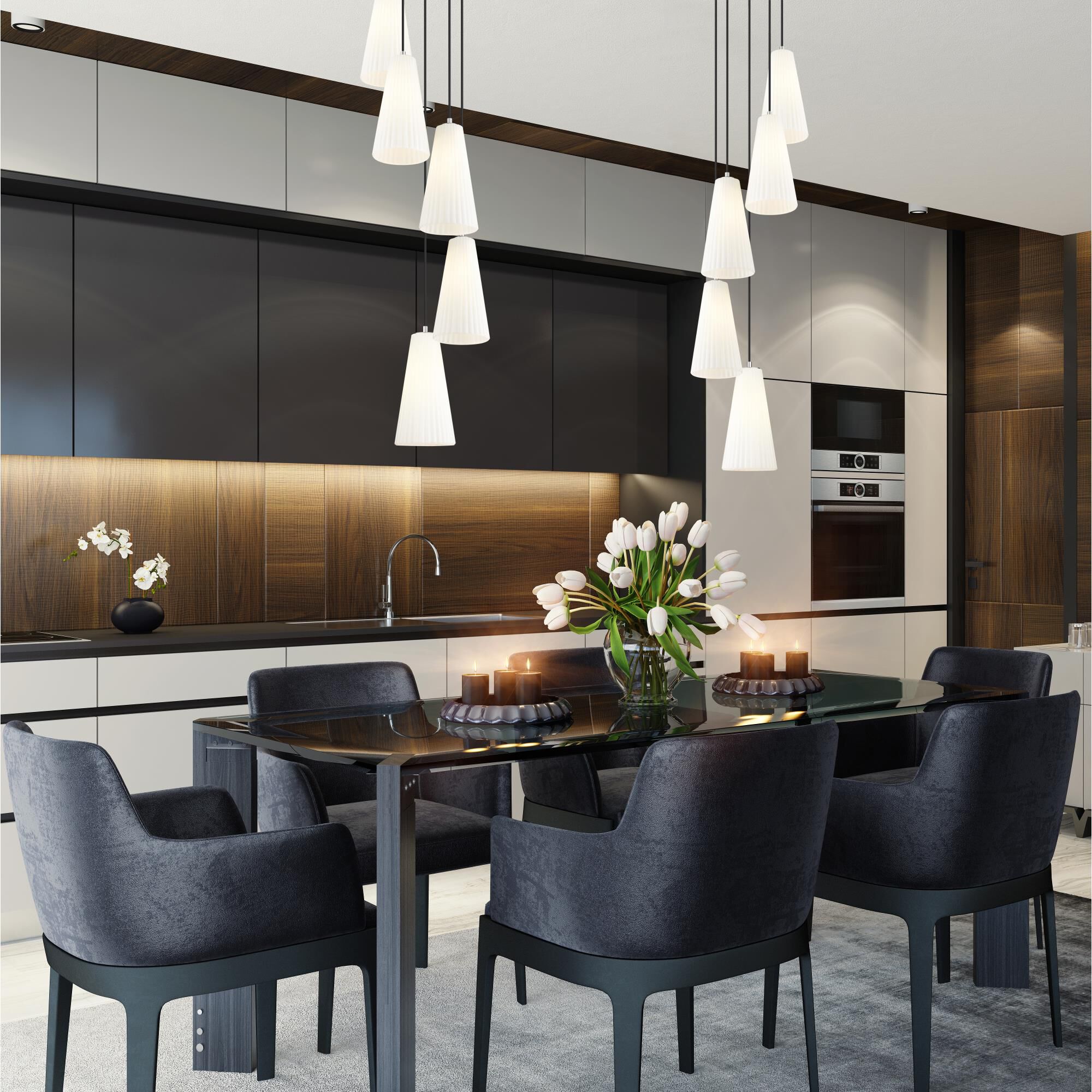 Shown in Brushed Nickel finish and White glass and White shade