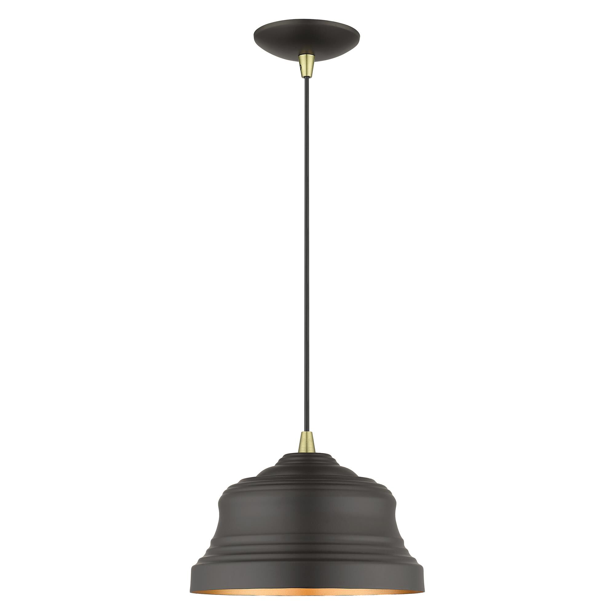 Shown in Bronze with Antique Brass Accents finish and Bronze Steel with Gold Finish Inside shade