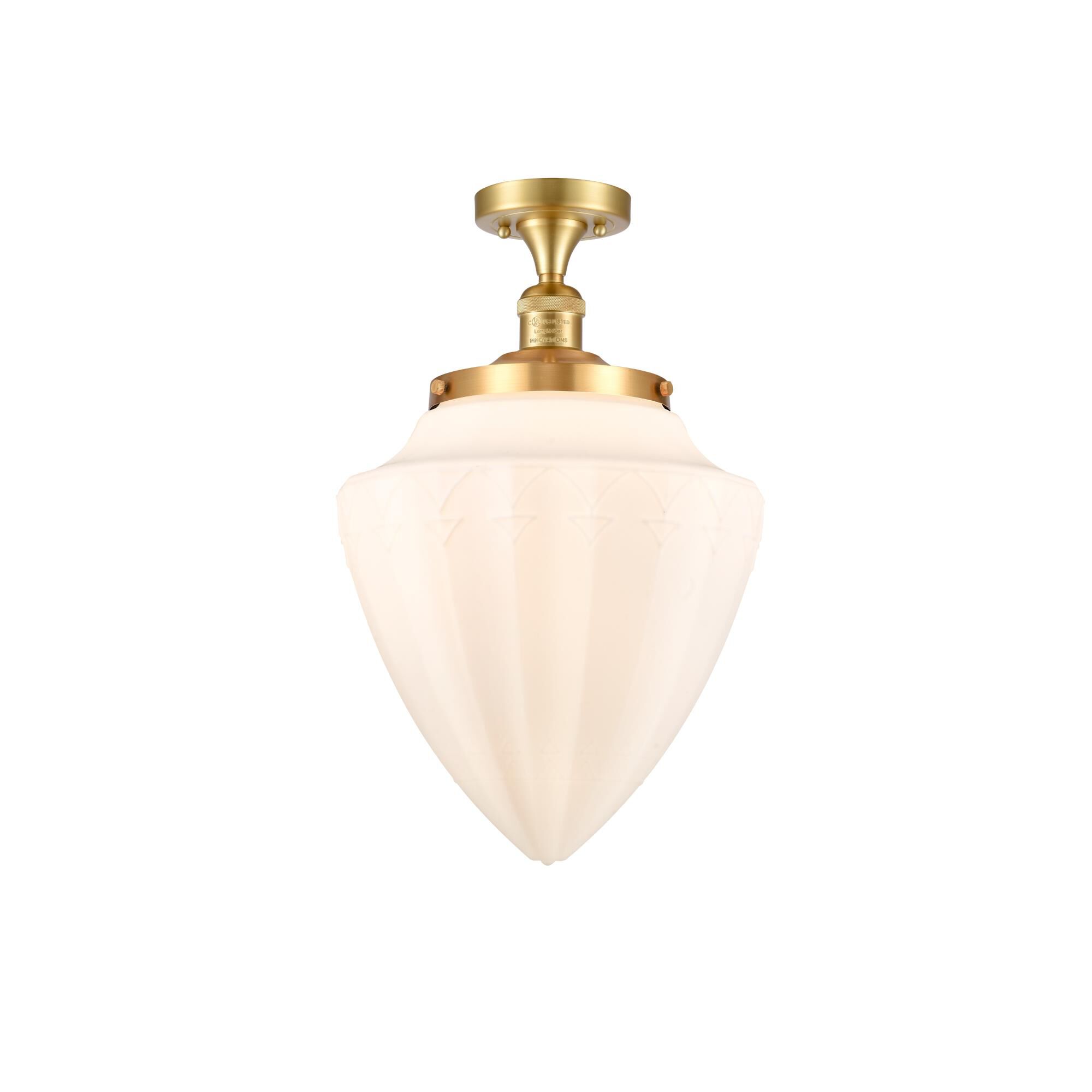 Shown in Satin Gold finish and Matte White glass