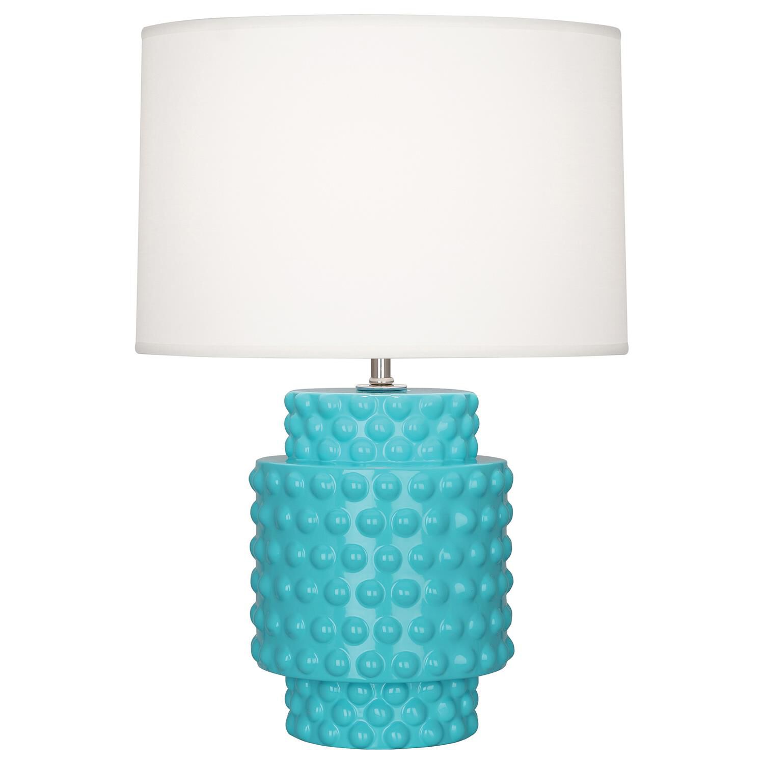 Shown in Egg Blue Glazed Textured Ceramic finish and Fondine Fabric shade