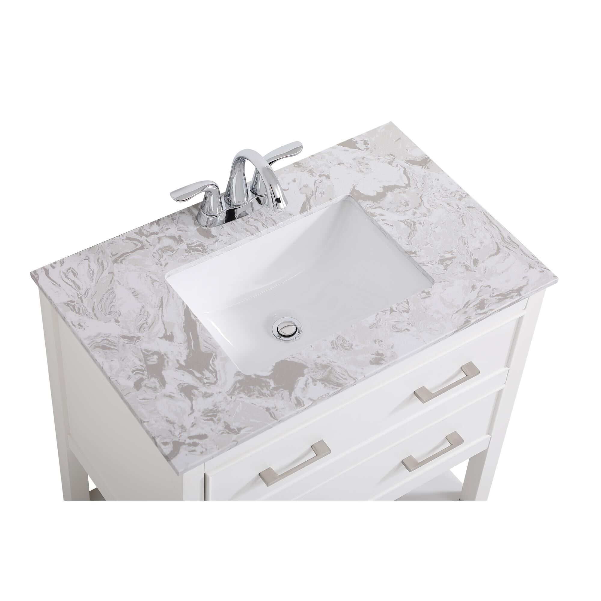 Shown in White And Brushed Nickel With Calacatta Quartz finish