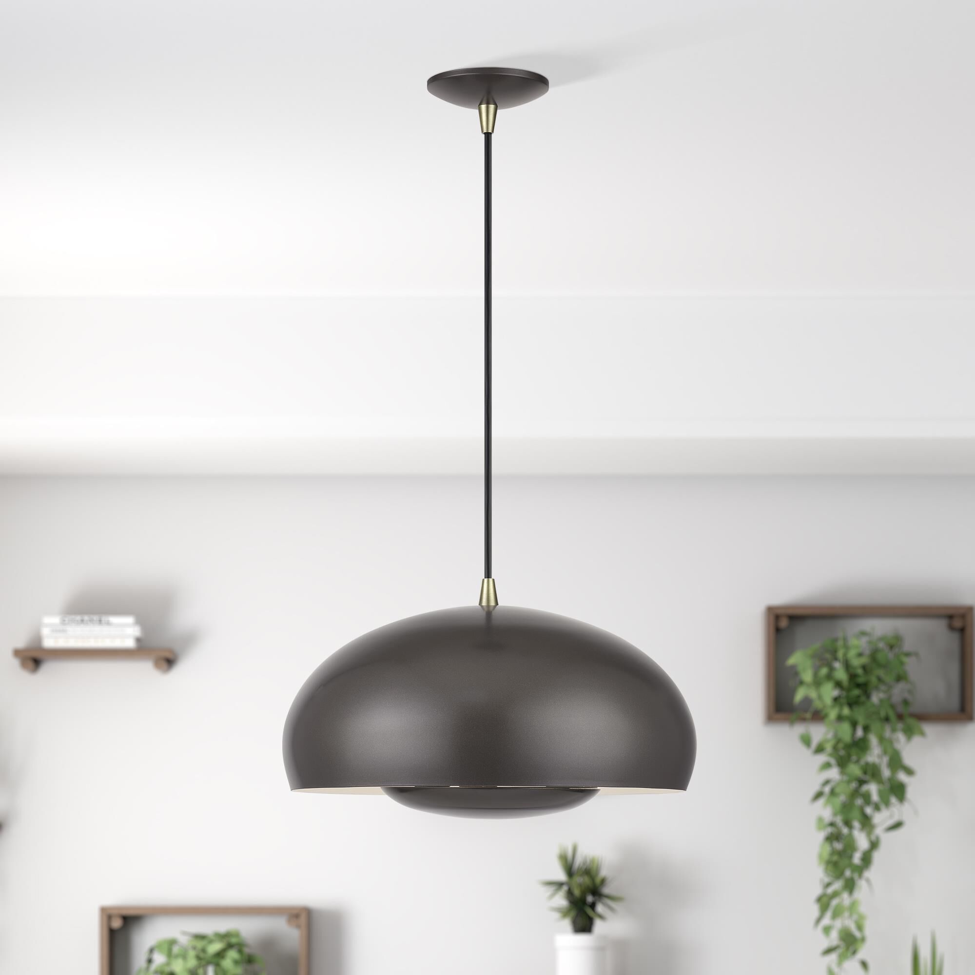 Shown in English Bronze with Antique Brass Accents finish and English Bronze Steel with Shiny White Inside shade