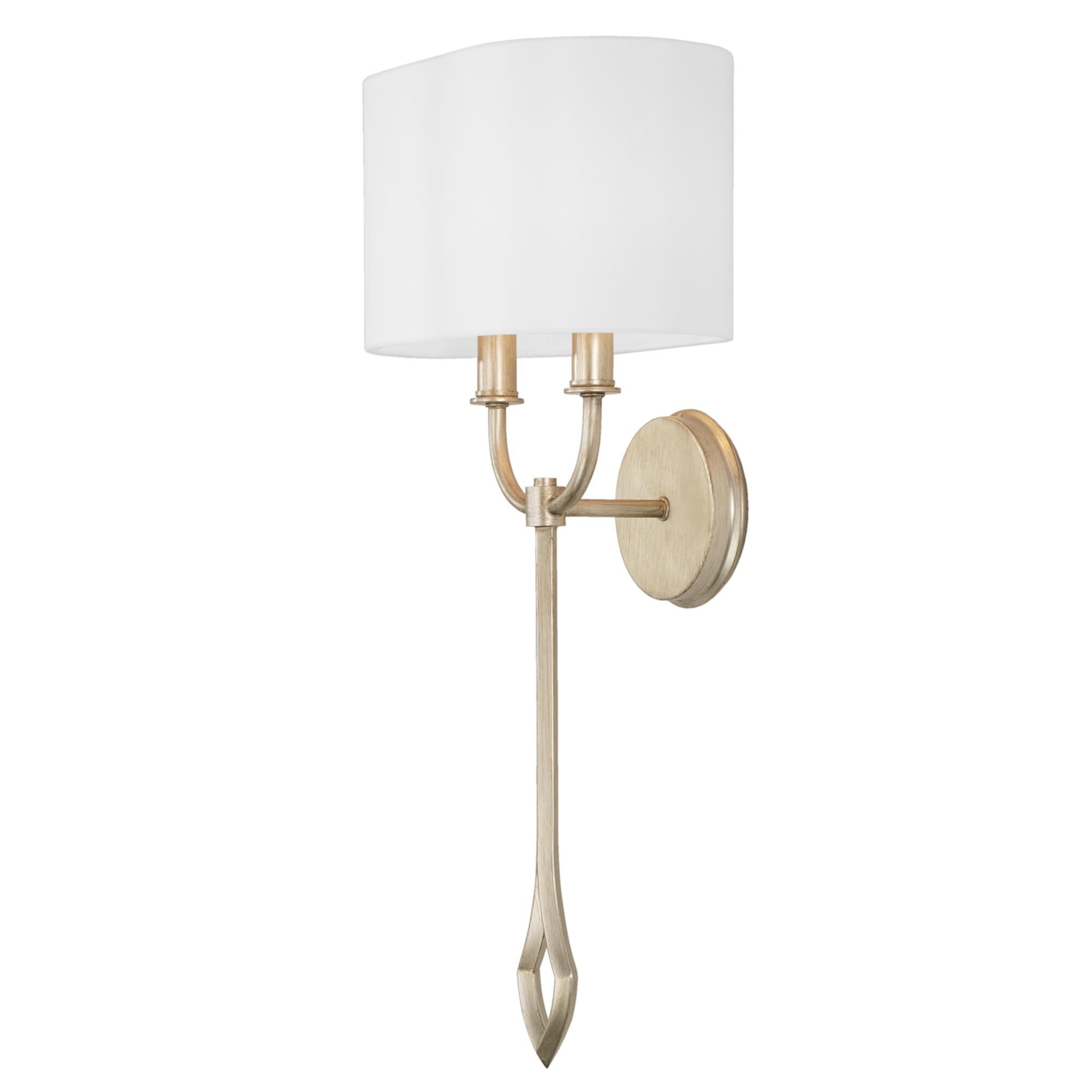 Shown in Brushed Champagne finish and White Fabric Oval Stay-Straight shade