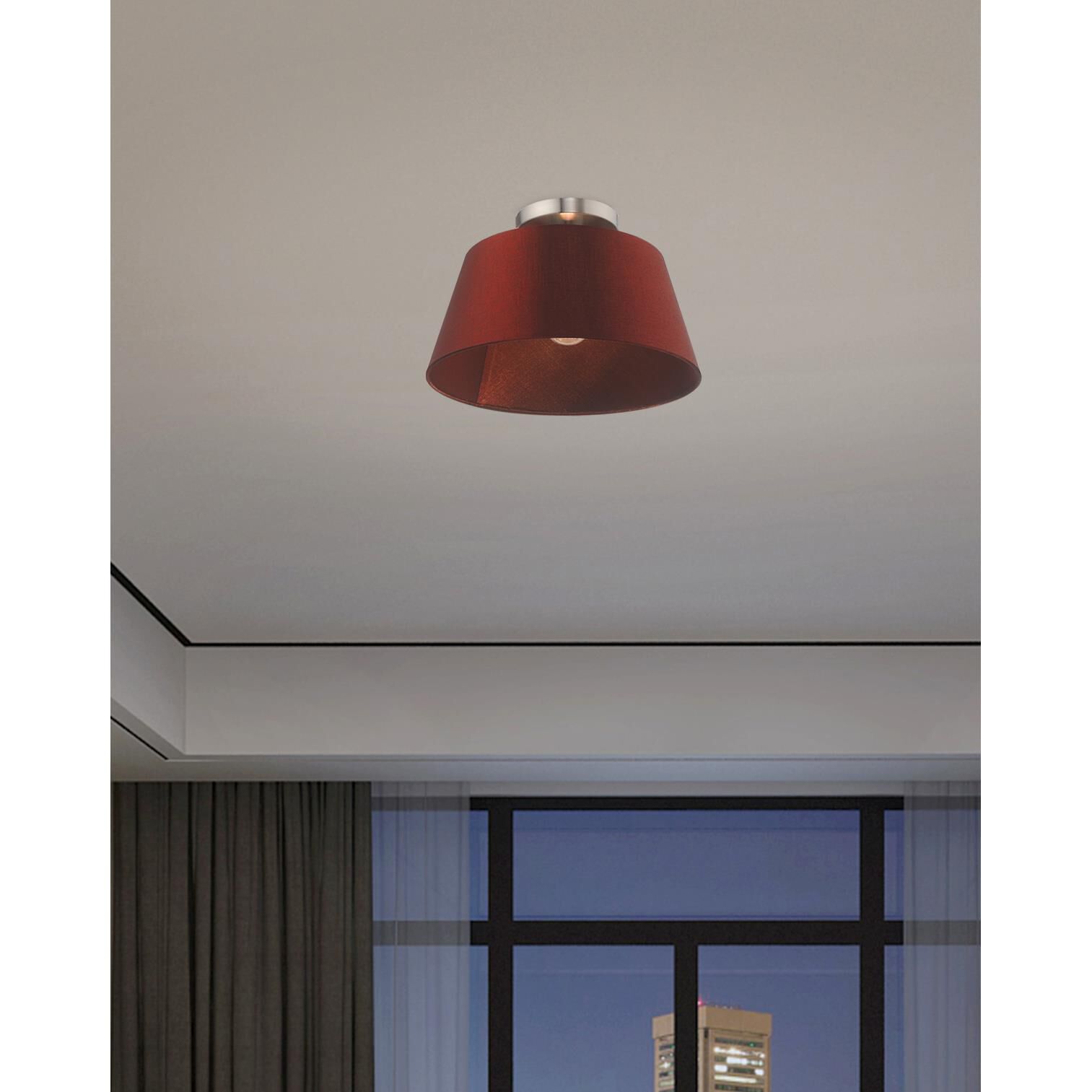 Shown in Brushed Nickel finish and Hand Crafted Red Wine Fabric Hardback shade