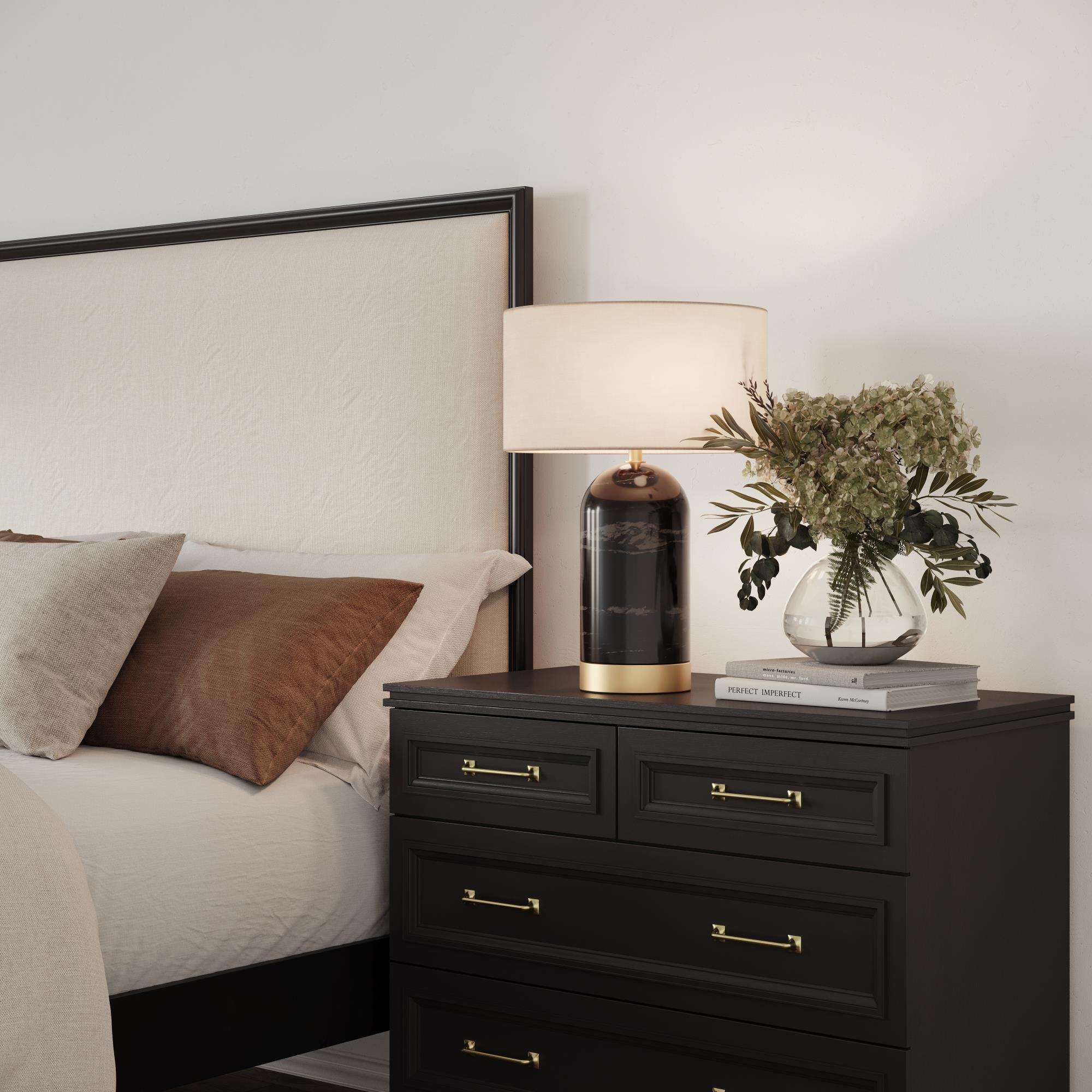 Shown in Plated Antique Brass finish and Black Marble shade