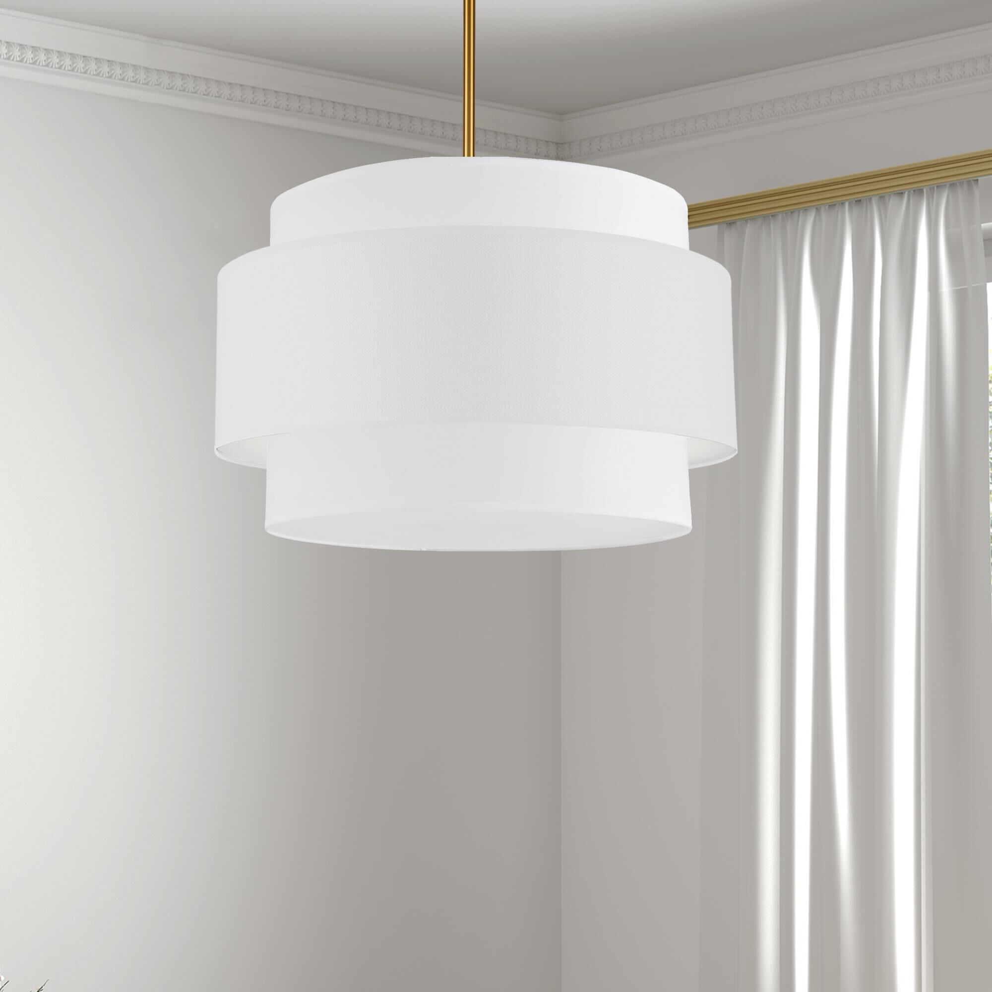 Shown in White and Aged Brass finish and White Fabric Drum shade