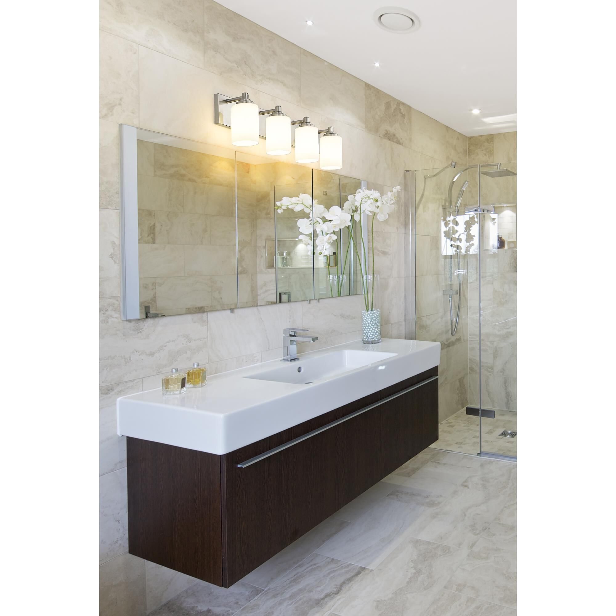 Shown in Brushed Nickel finish and White glass