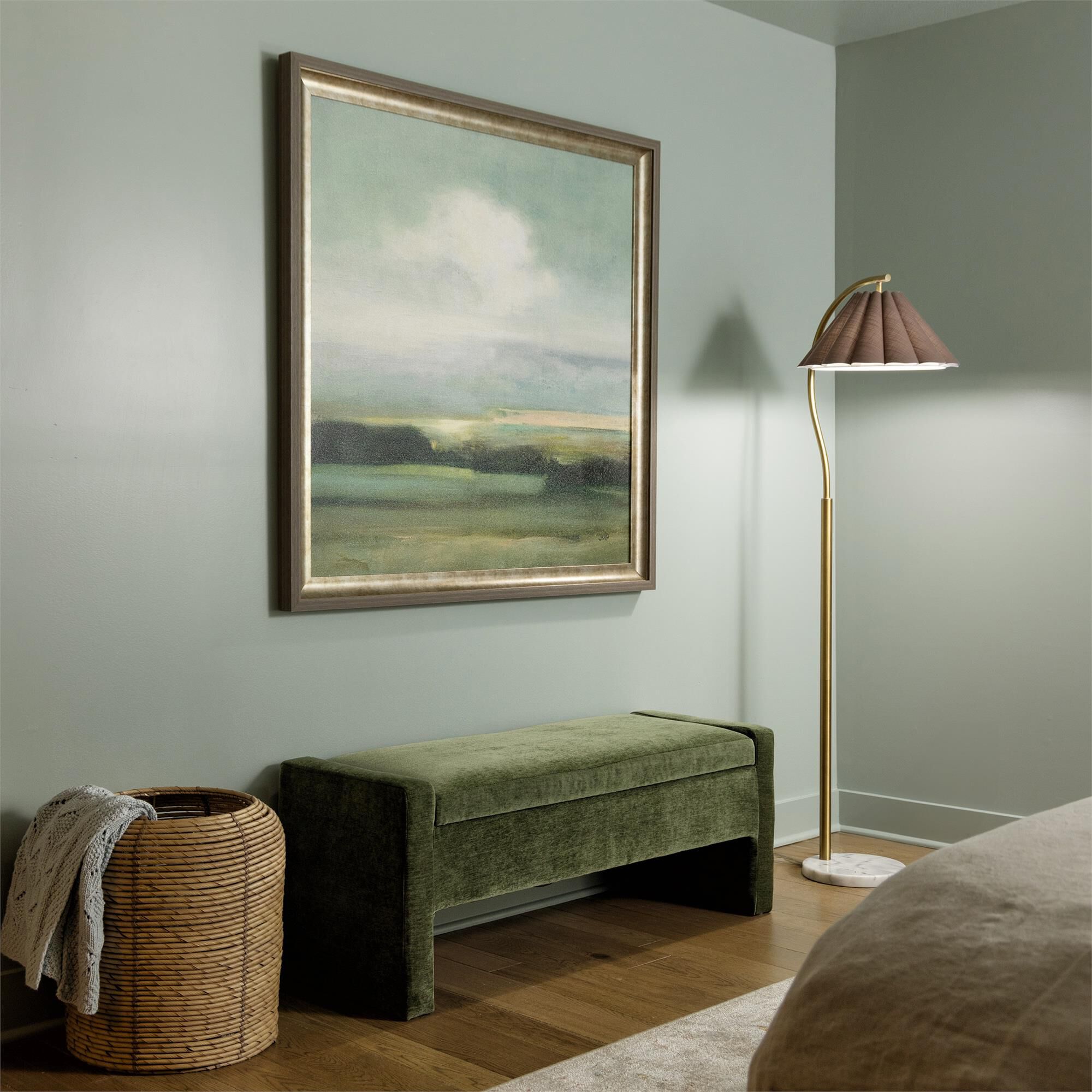 Shown in White Marble and Polished Brass finish and Off-Brown shade