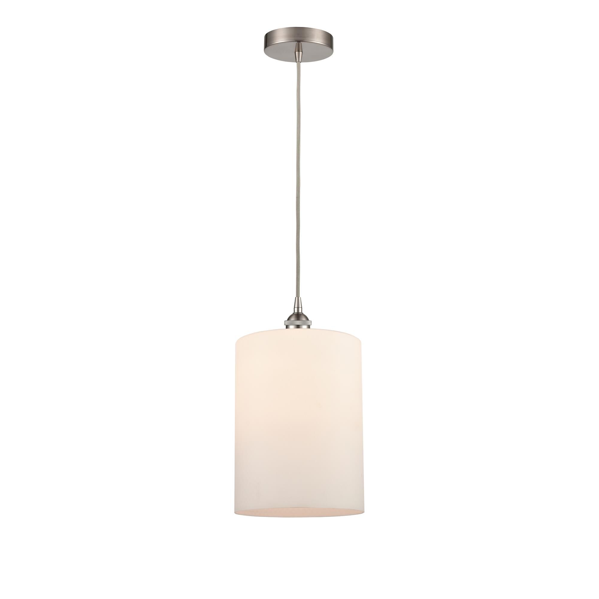 Shown in Brushed Satin Nickel finish and Matte White glass