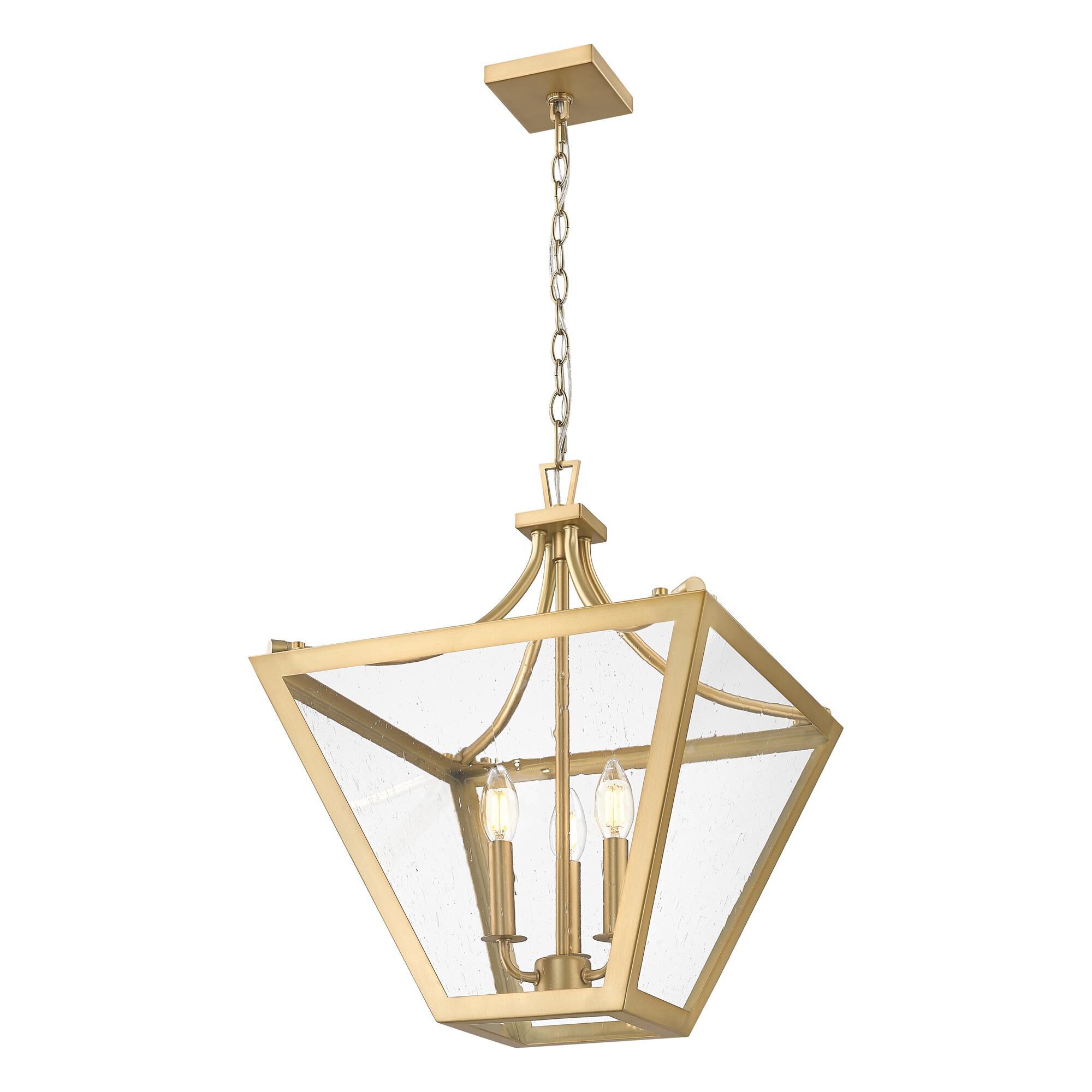 Shown in Rubbed Brass finish and Clear Seedy glass