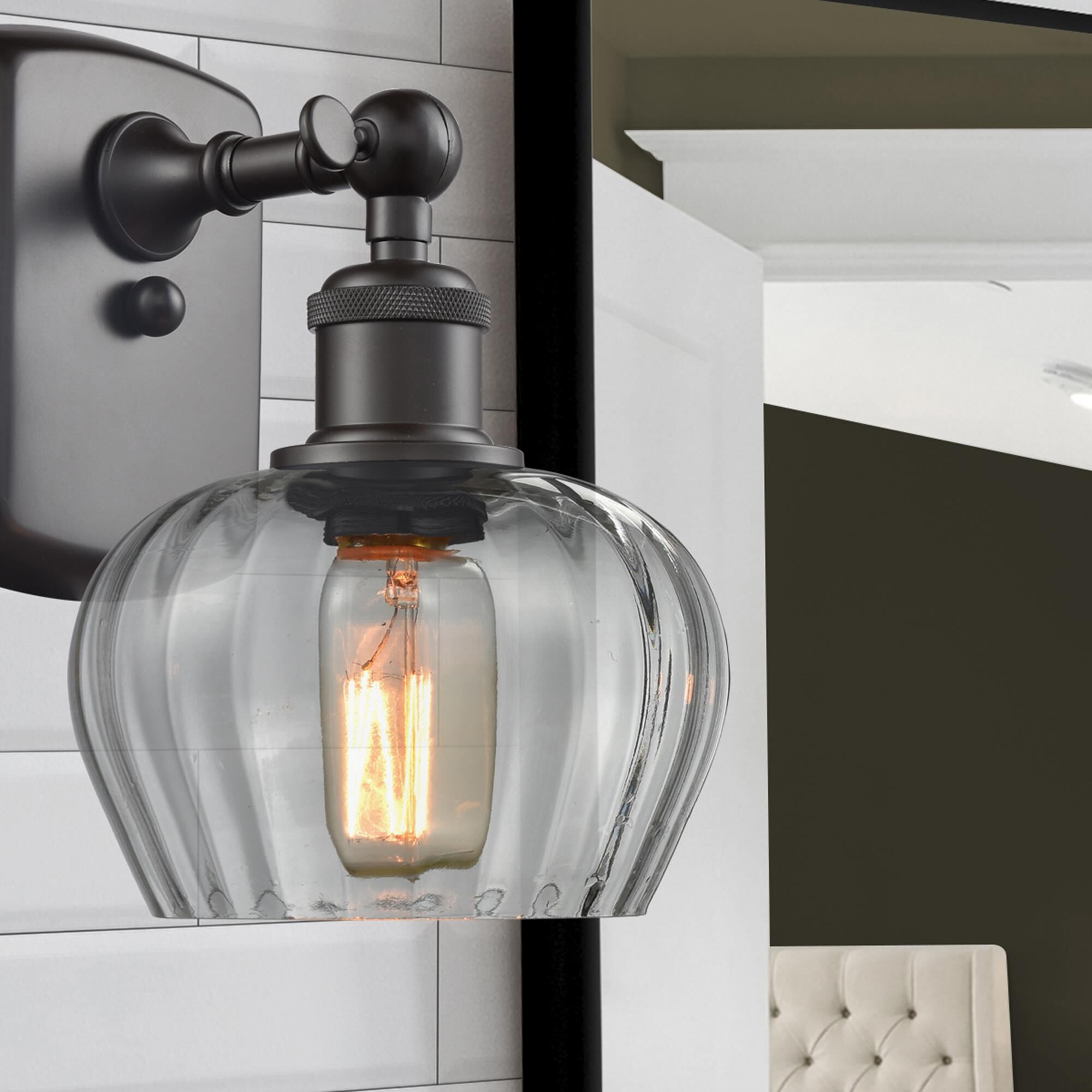 Shown in Oil Rubbed Bronze finish and Clear Fluted glass