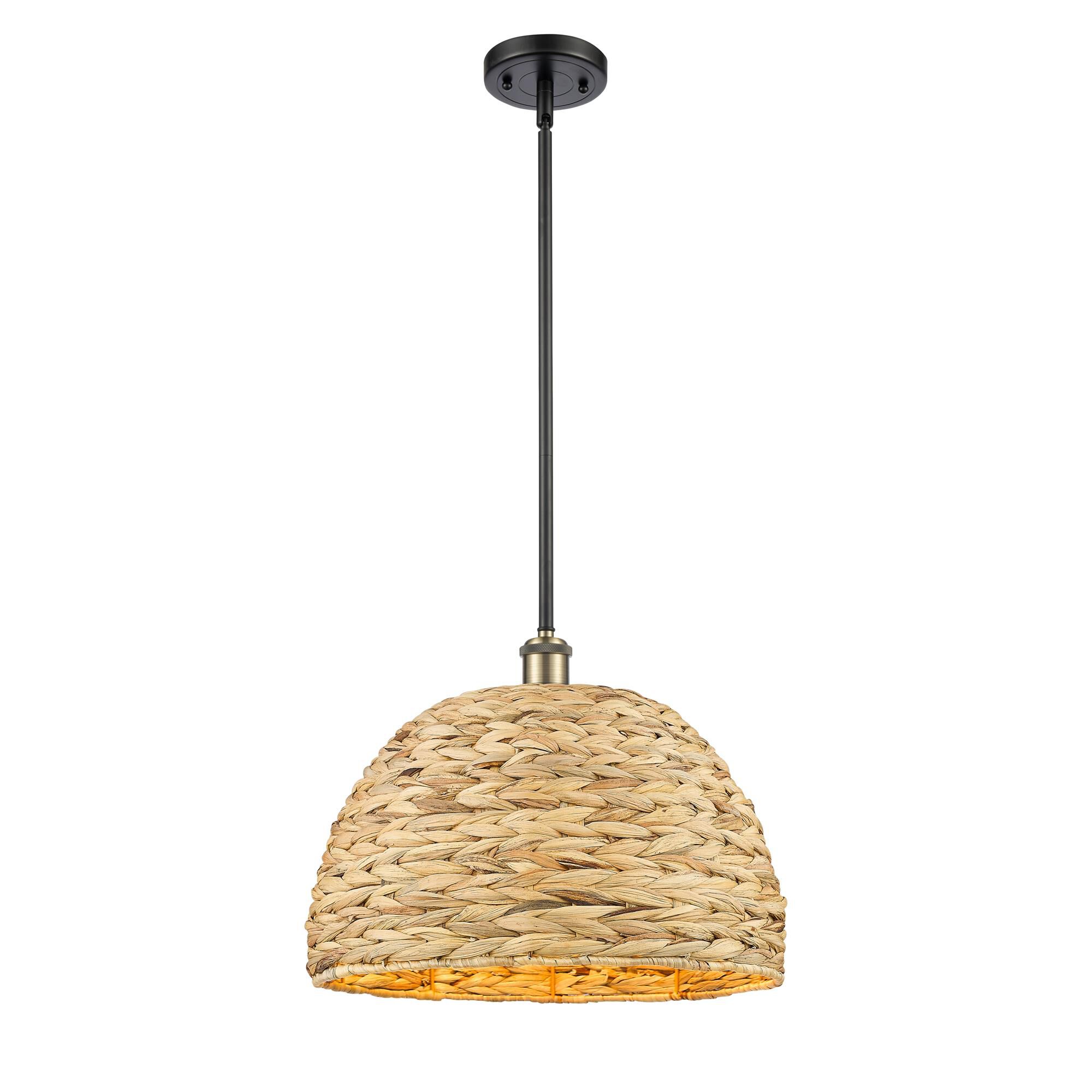 Shown in Black Antique Brass finish and Natural shade