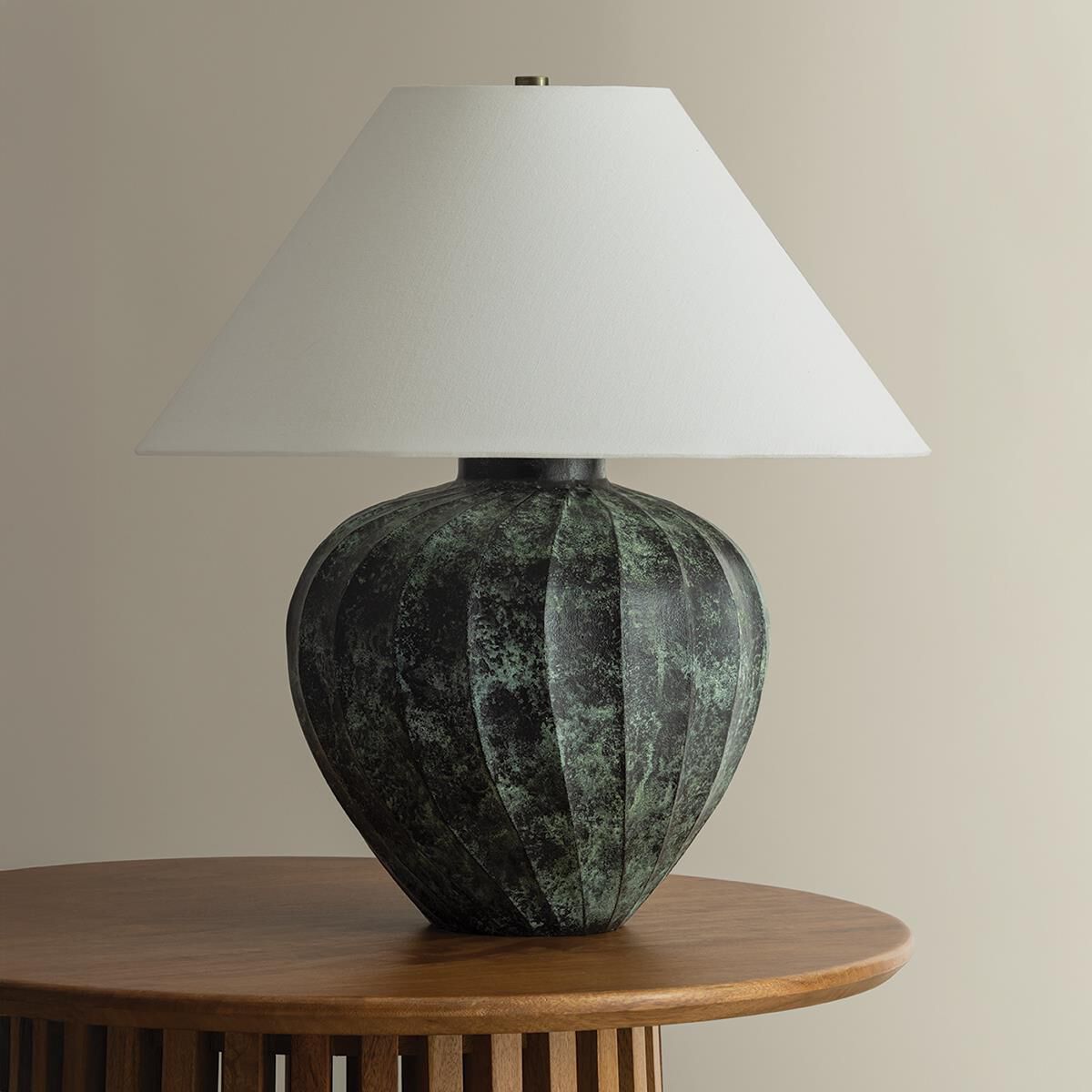Shown in Patina Brass finish and Off White Linen shade