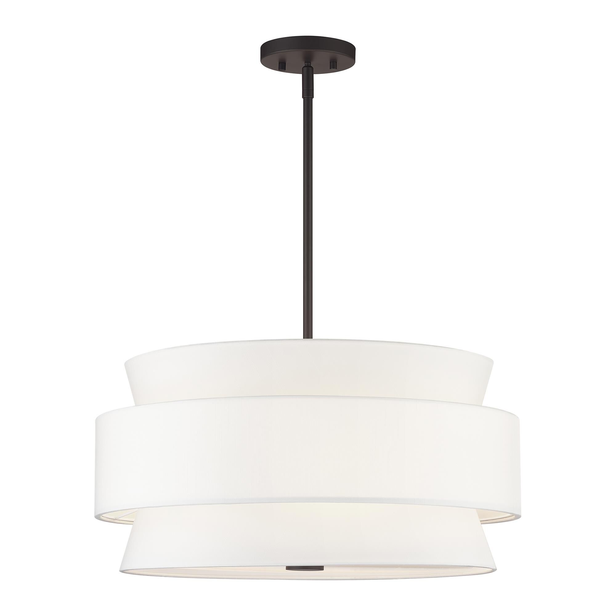 Shown in Bronze finish and Hand Crafted Off-White Fabric Hardbacks with White Fabric Inside shade