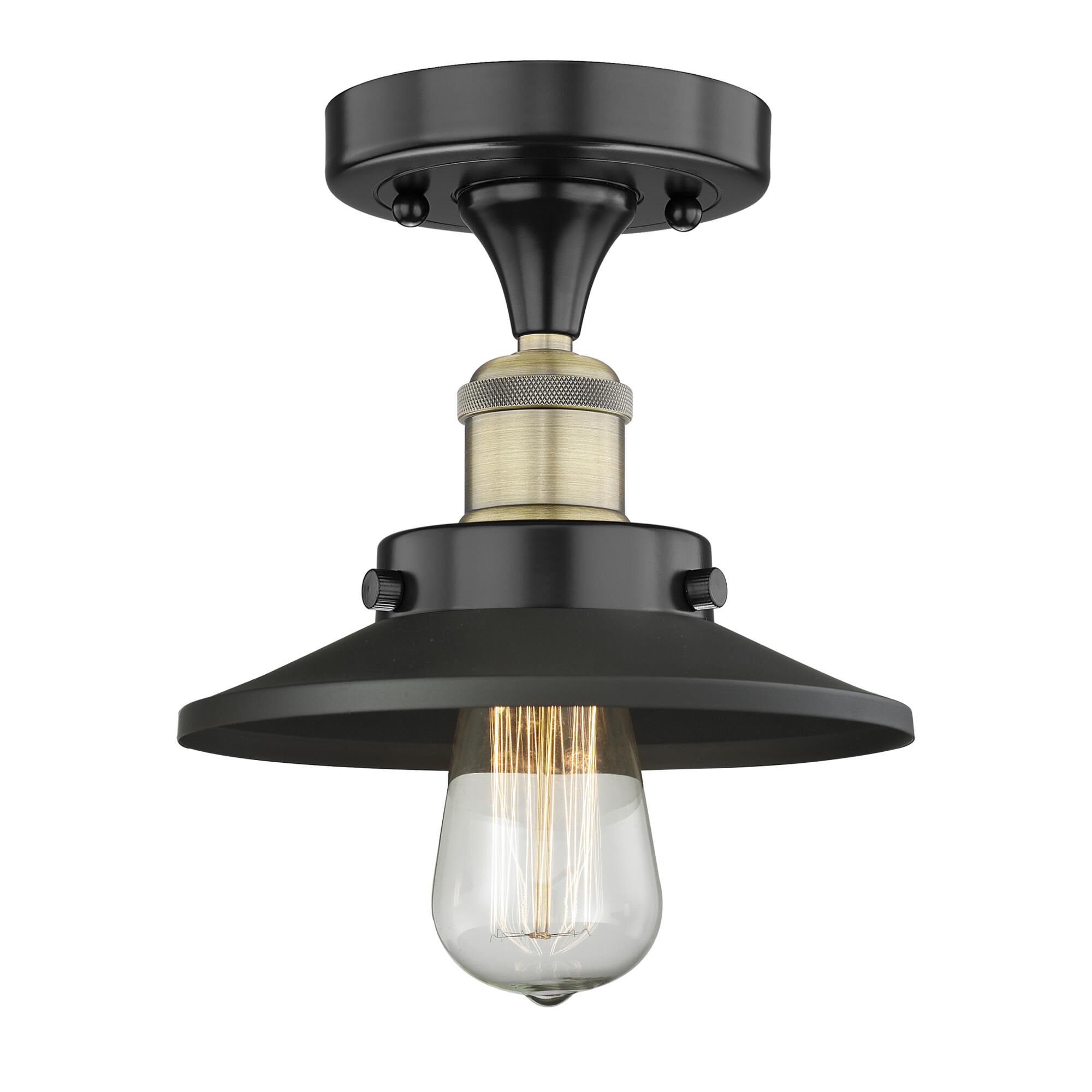 Shown in Black Antique Brass finish and Matte Black shade