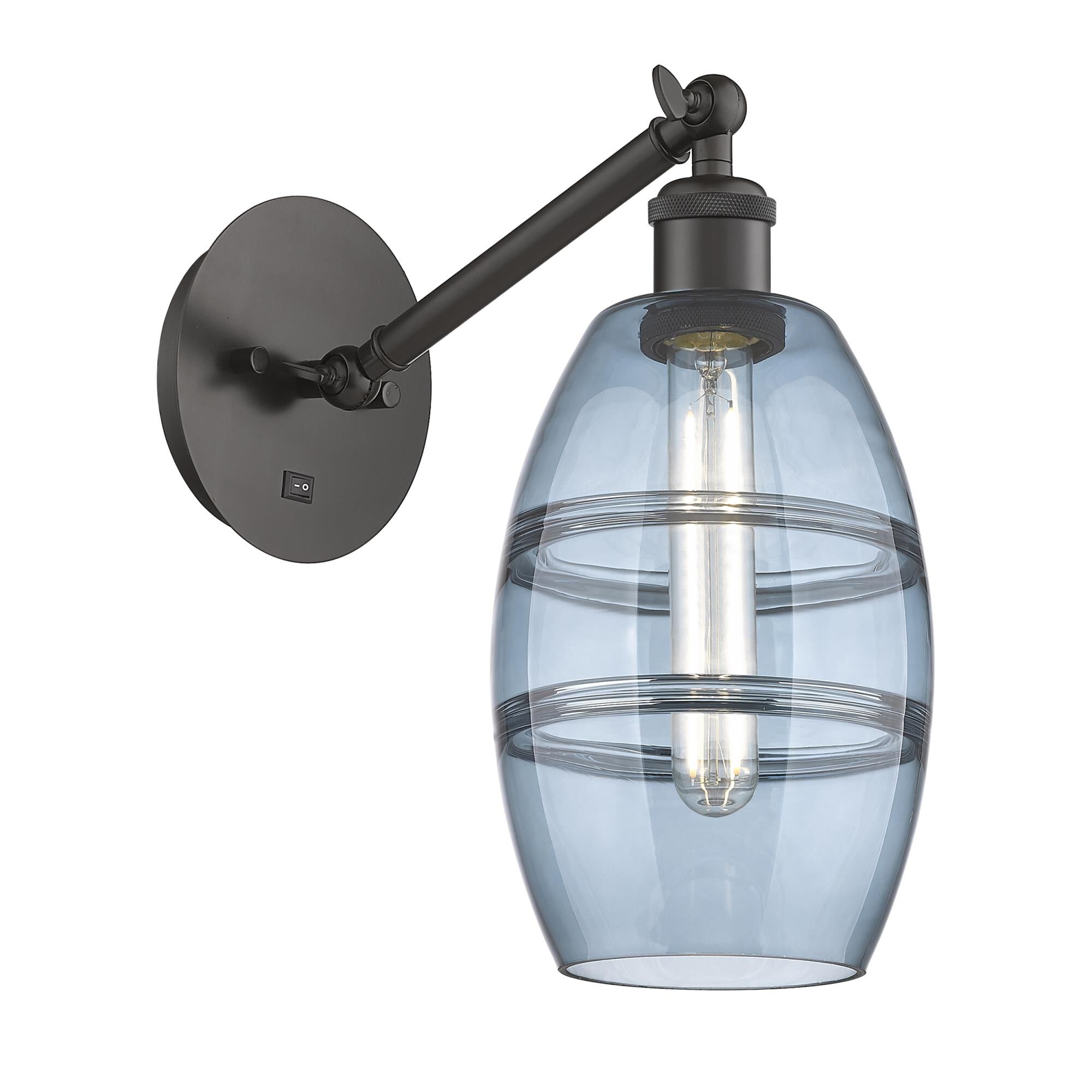 Shown in Oil Rubbed Bronze finish and Princess Blue glass