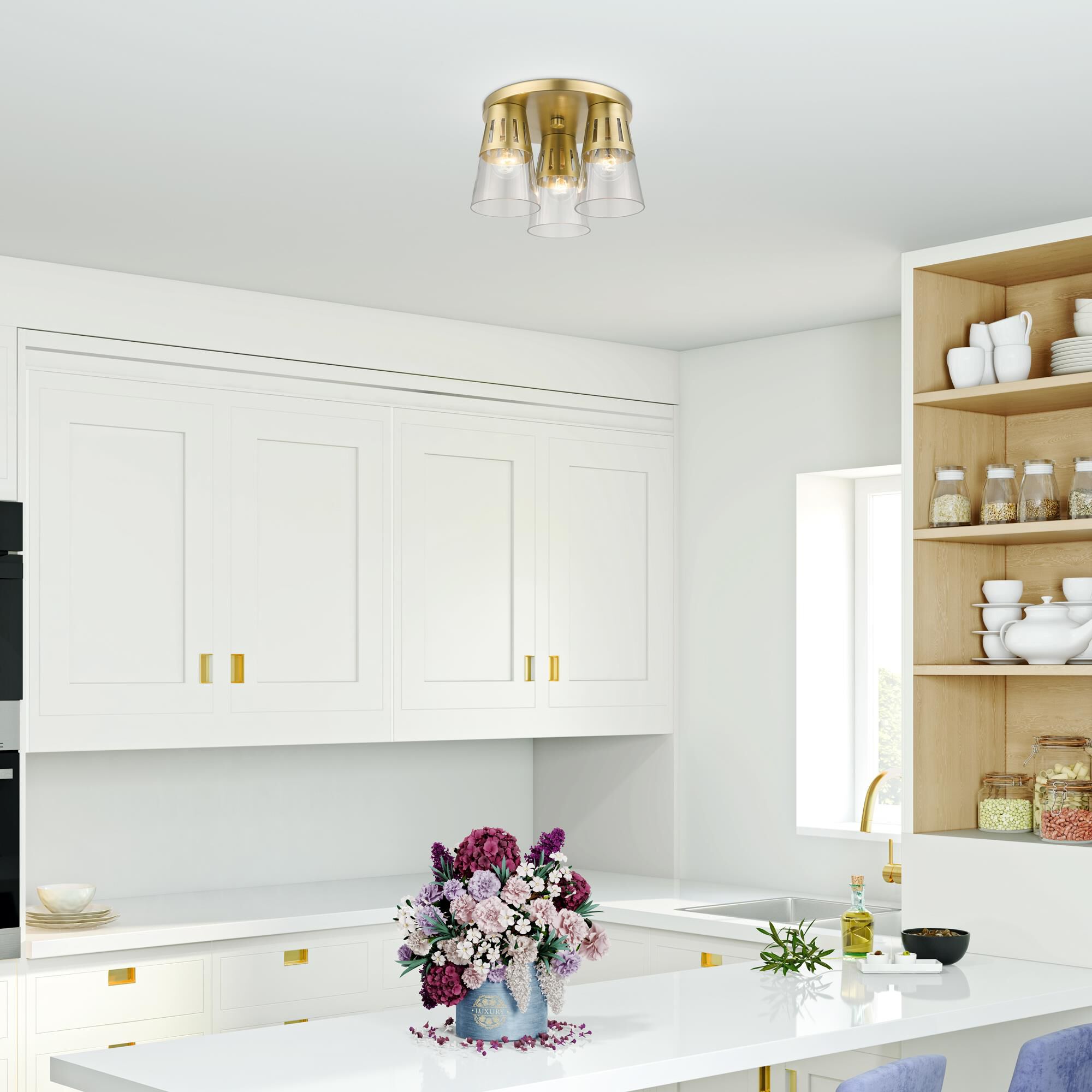 Shown in Natural Brass finish and Clear Hand Blown glass