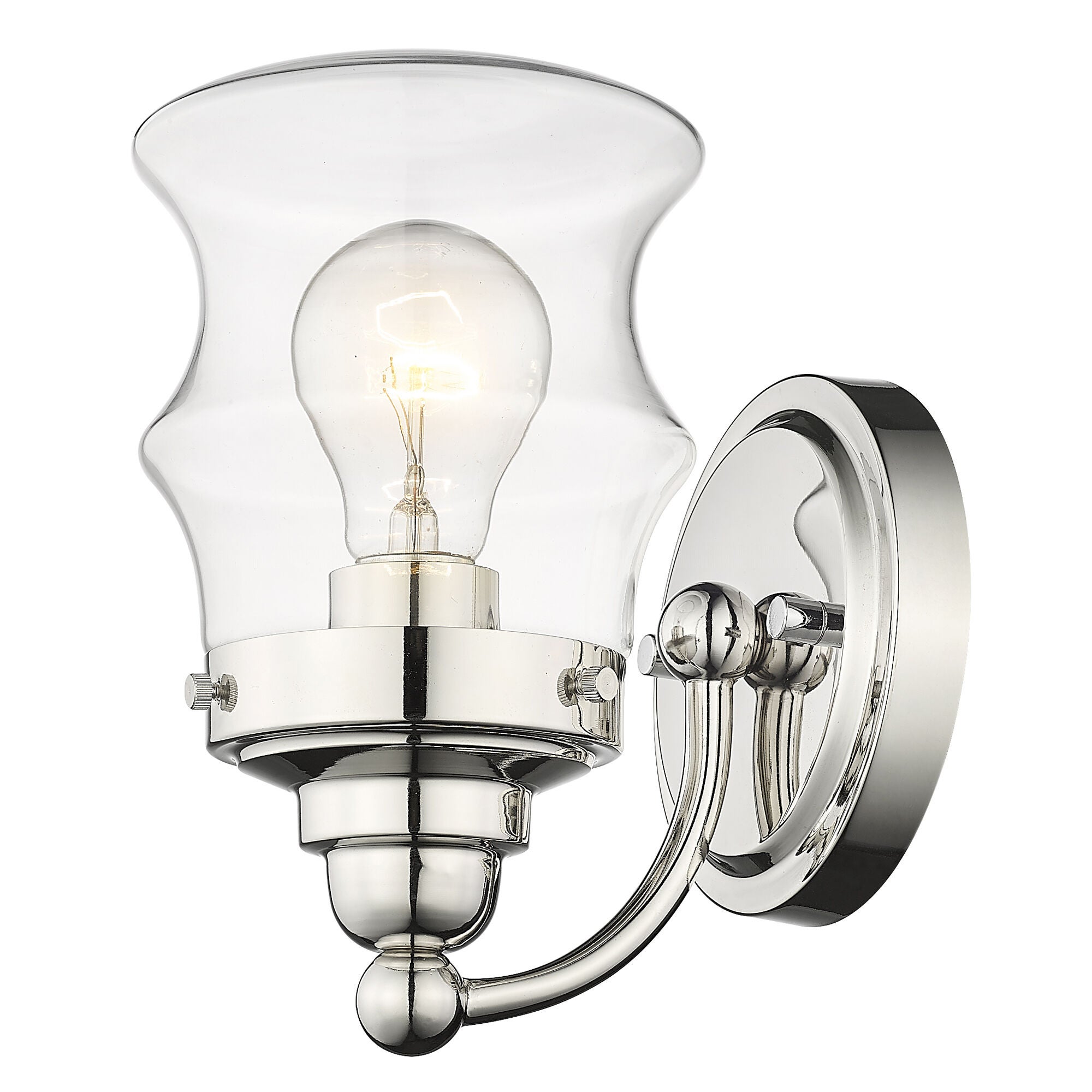 Shown in Polished Nickel finish and Clear Glass shade