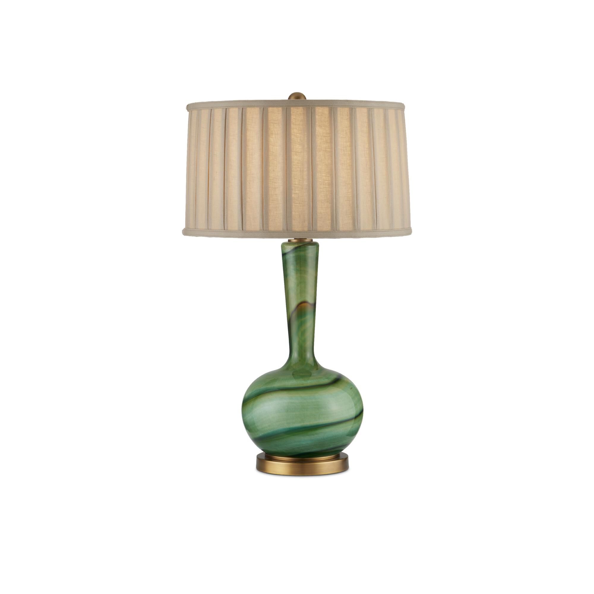 Shown in Green/Antique Brass finish and Beige Linen shade