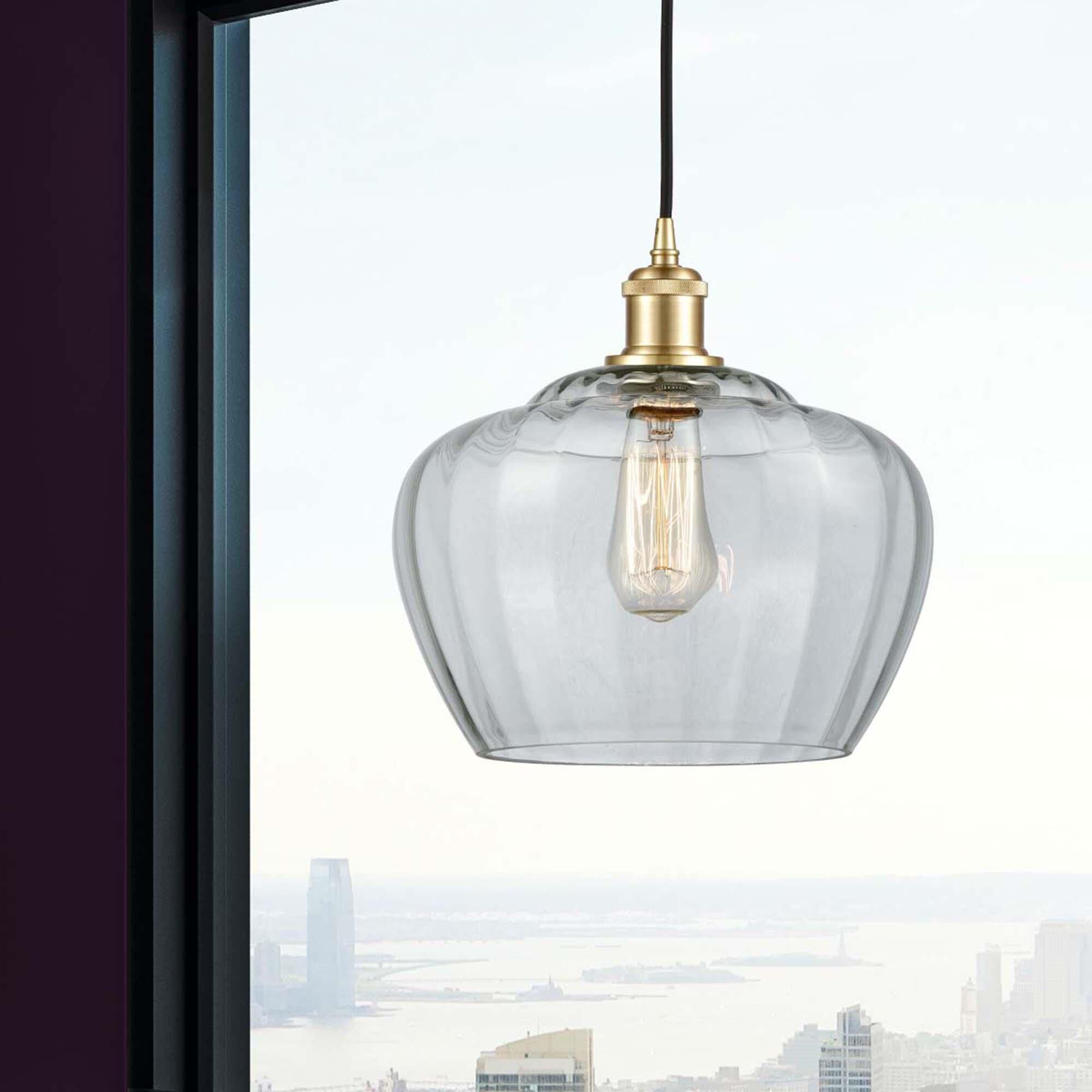 Shown in Satin Gold finish and Large Clear Fenton glass and Polished Chrome accent