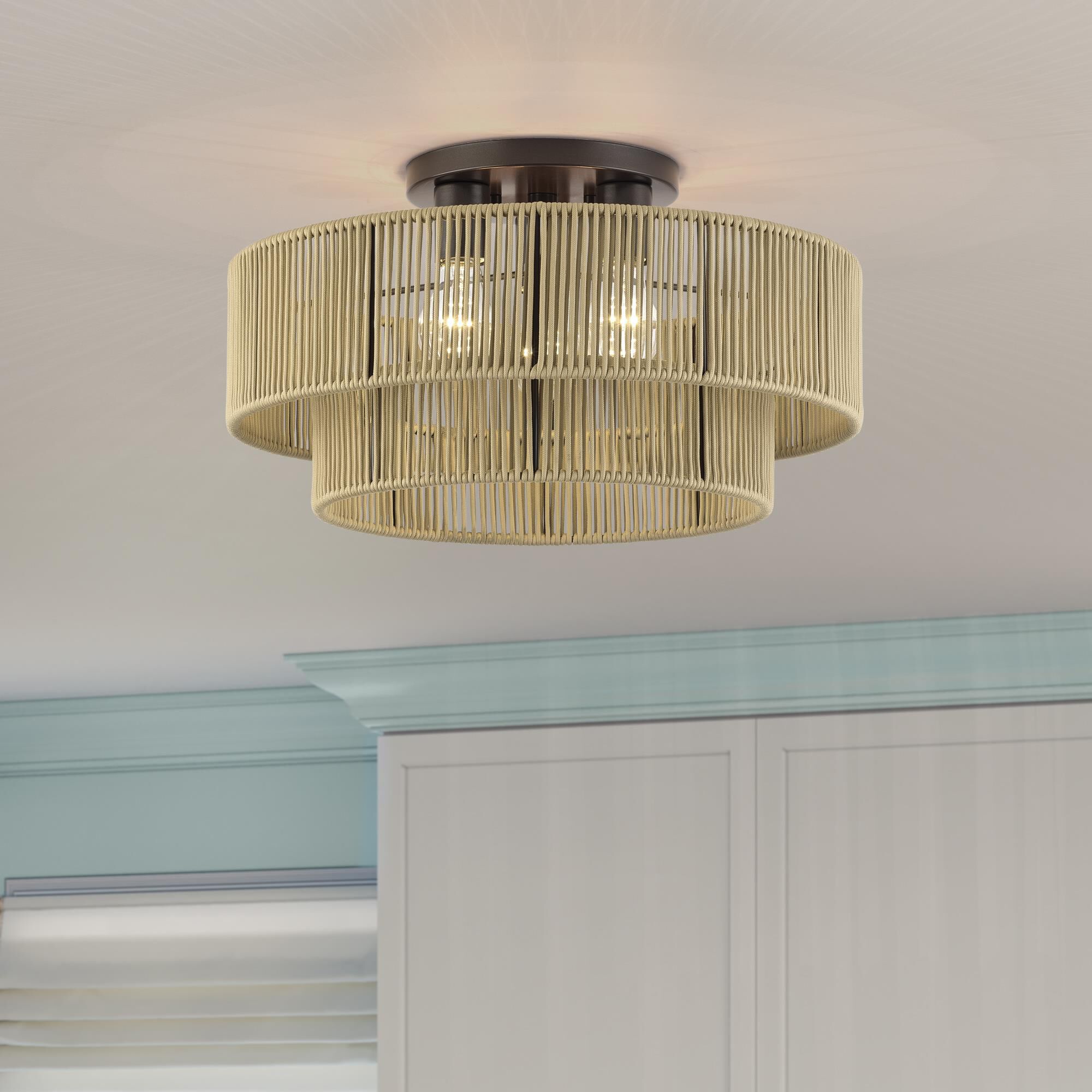 Shown in English Bronze finish and Hand-Woven Venetian Gold Color Polyester Rope shade