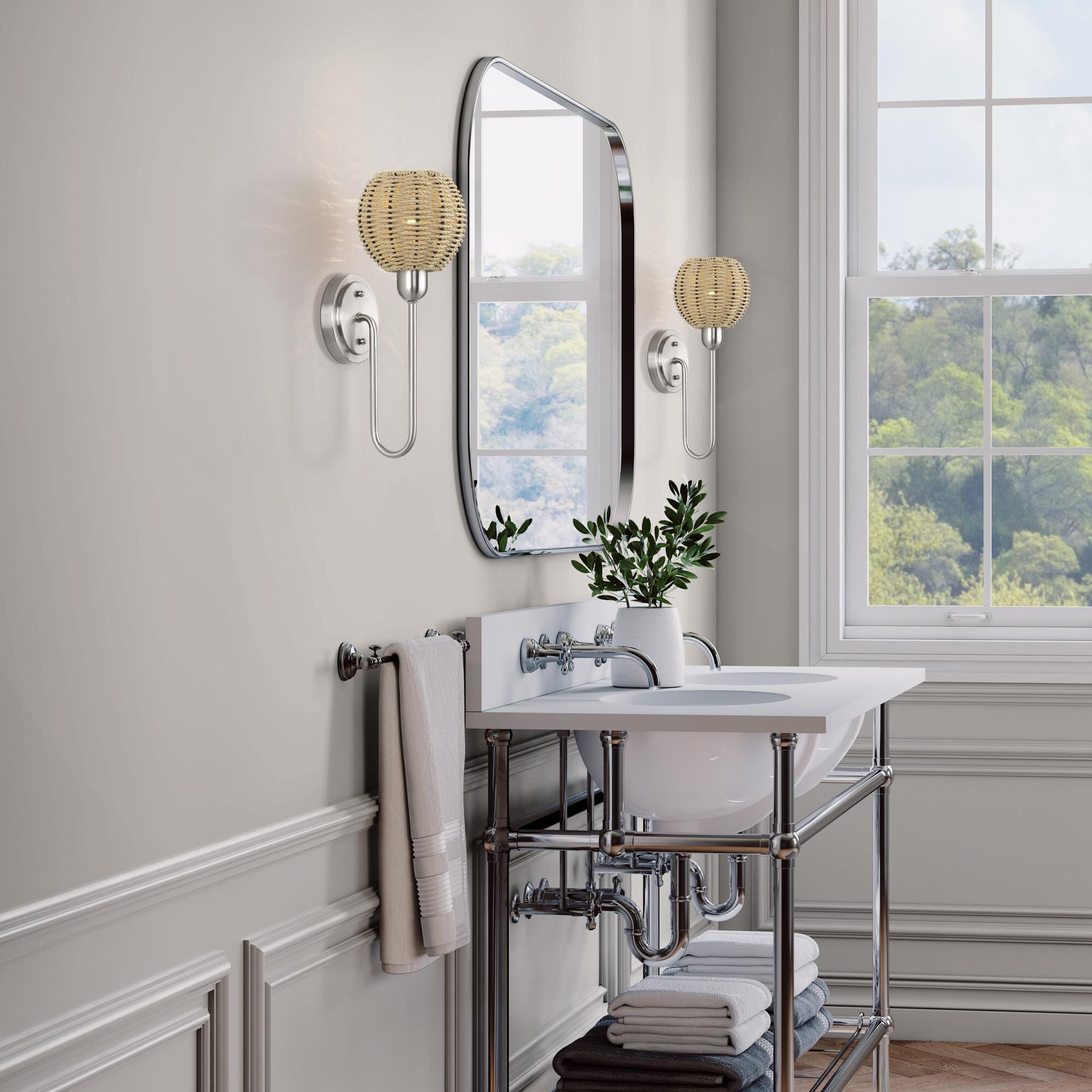 Shown in Brushed Nickel finish and Hand-Woven French Beige Paper Rope shade