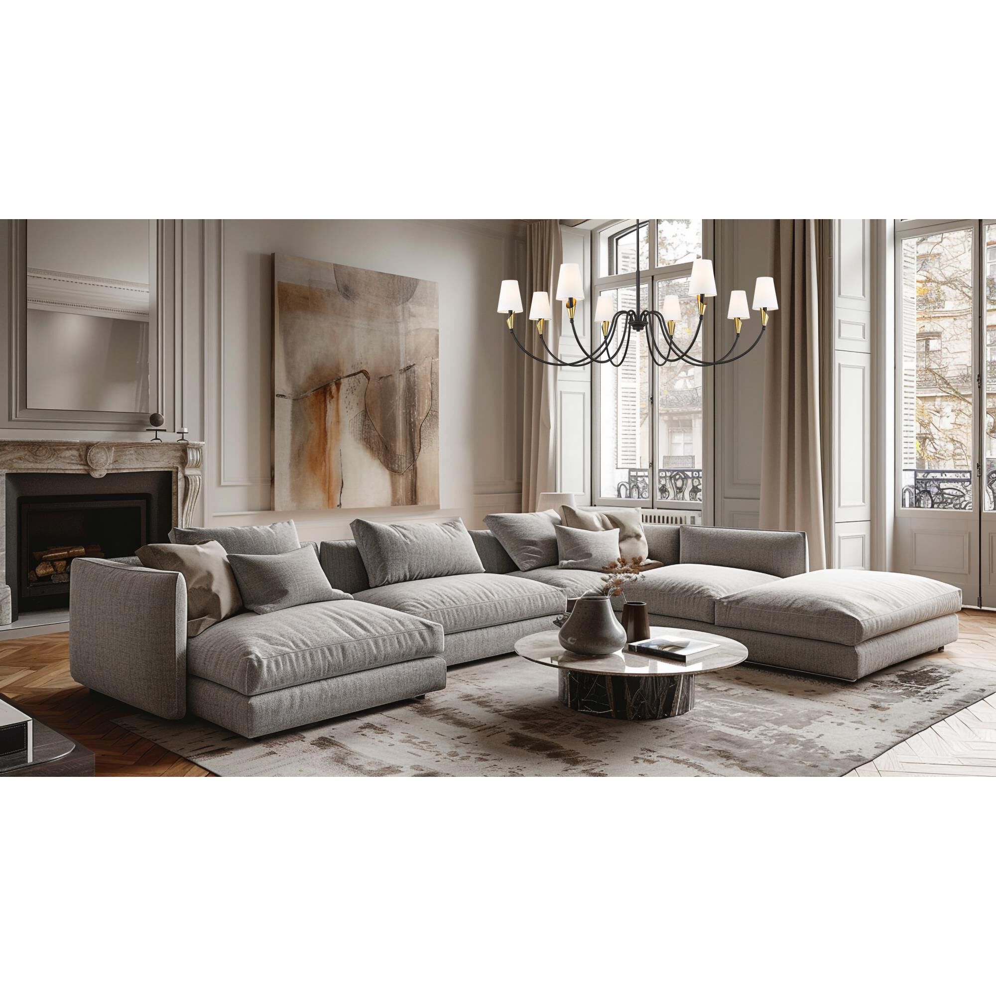 Shown in Matte Black And Modern Gold finish and White glass and White shade