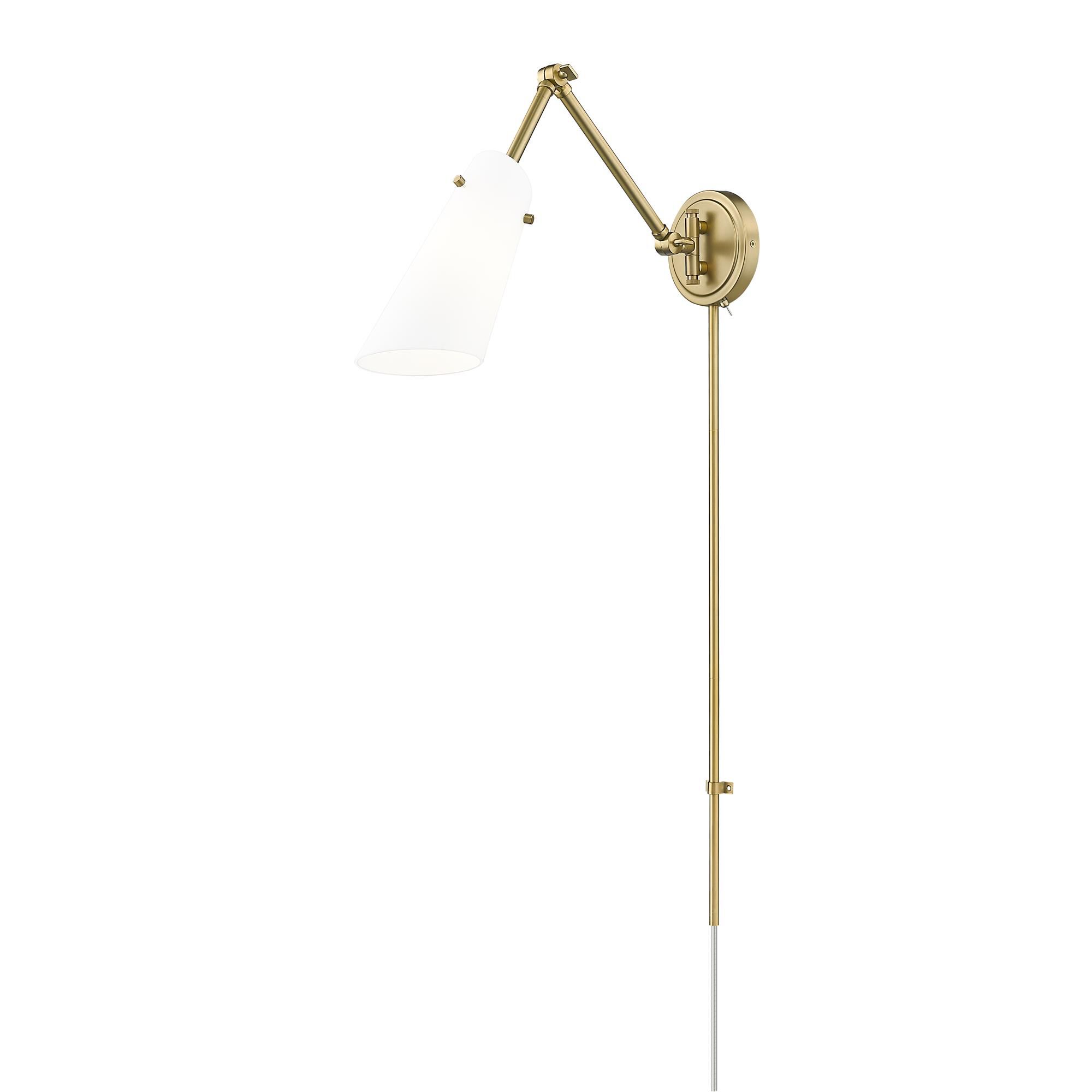 Shown in Modern Gold finish and Opal glass and Opal shade