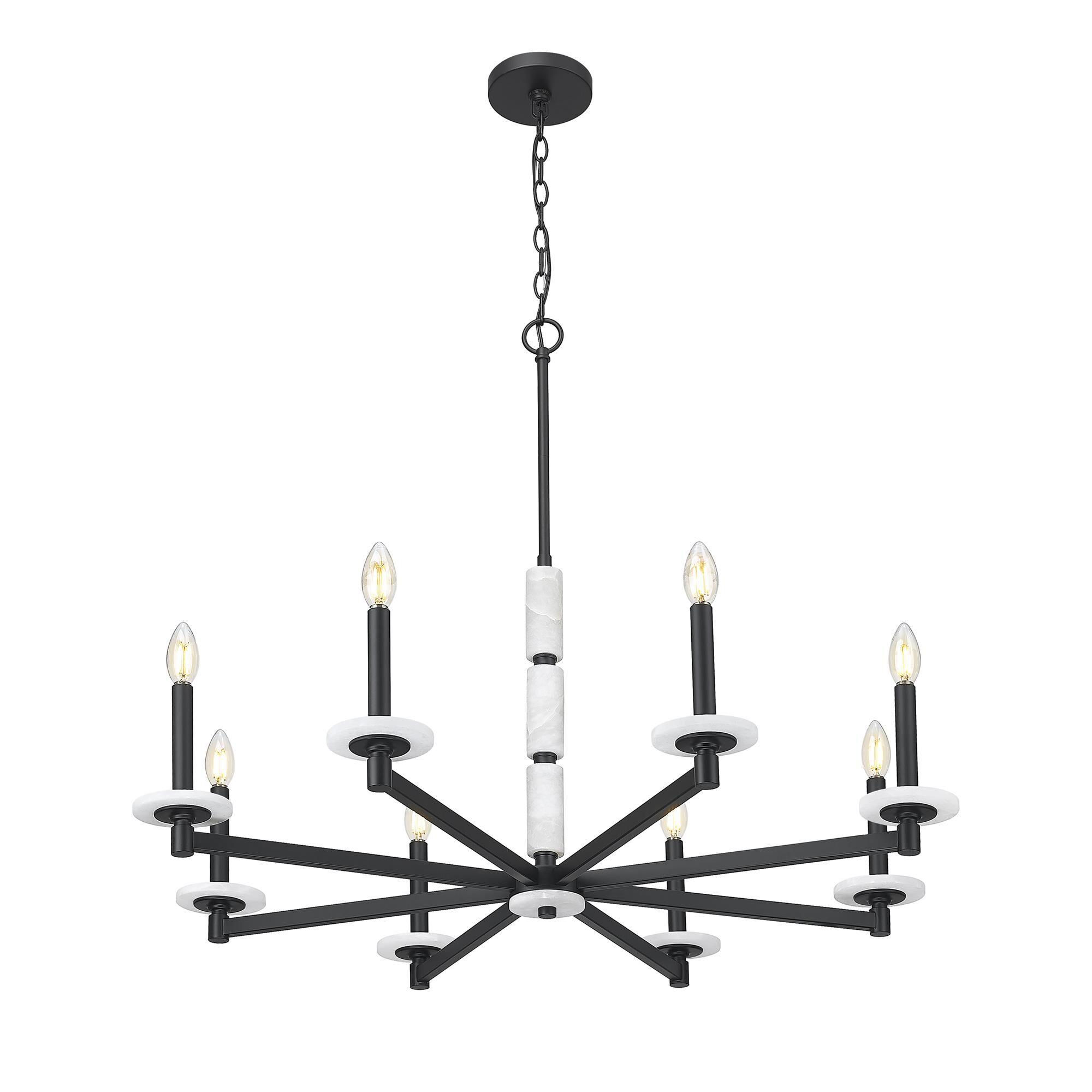 Shown in Matte Black finish and Alabaster glass and Alabaster shade