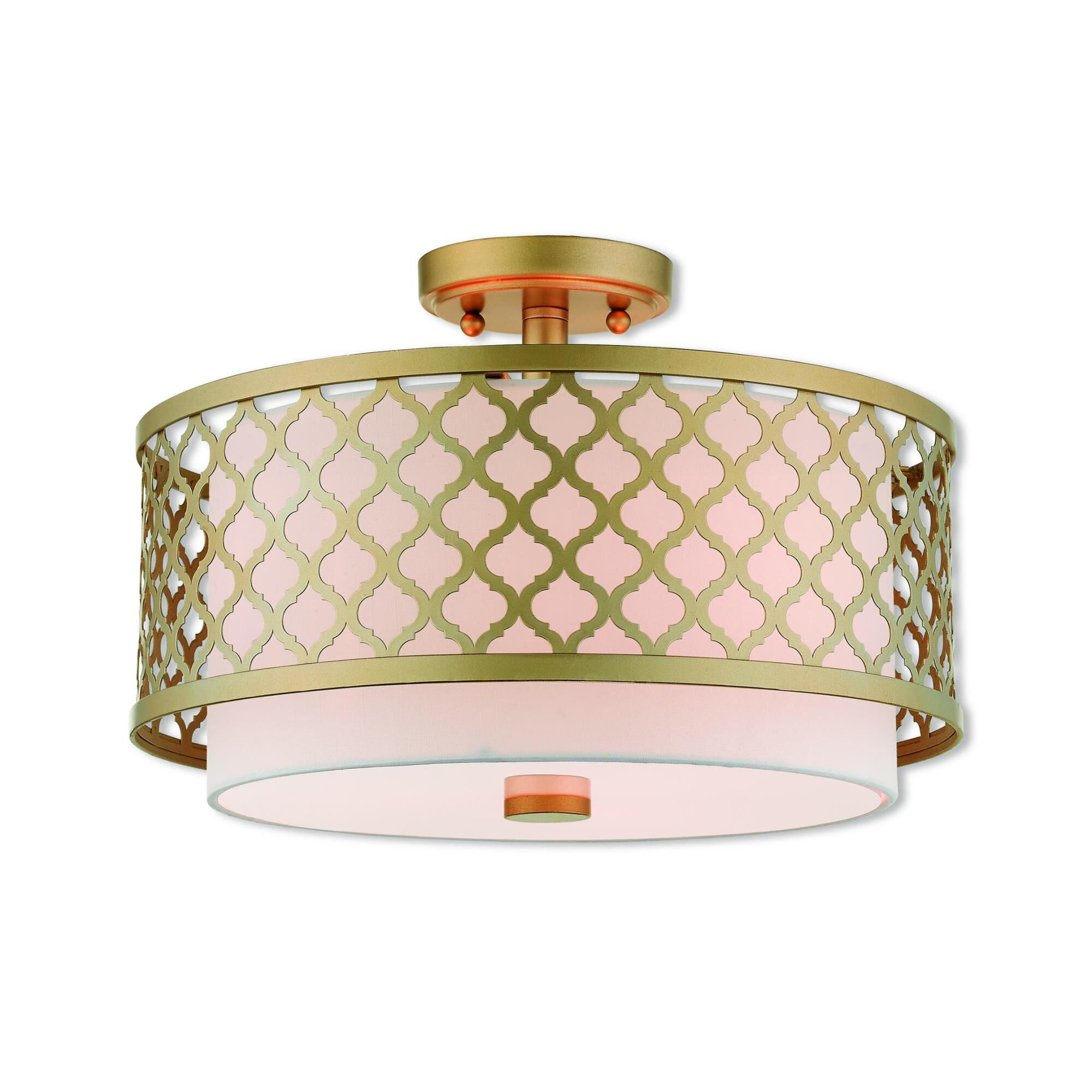 Shown in Soft Gold finish and Hand Crafted Off-White Fabric Outside & White Fabric Inside Hardback shade