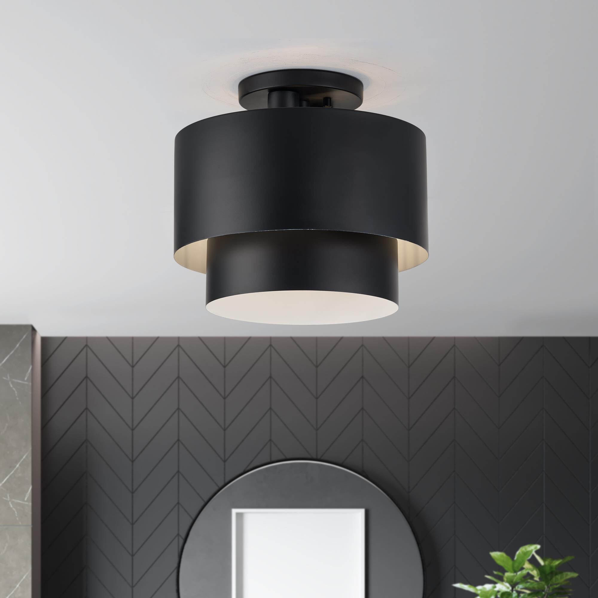 Shown in Black finish and Black Steel with Shiny White Inside shade